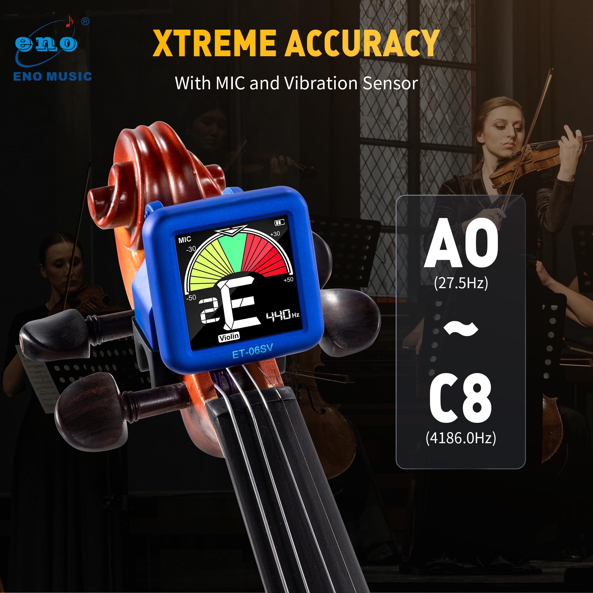 ENO MUSIC Rechargeable Type-C Quick Charge Easy Control Big LCD Display Easy Reading Clip-on Tuner for 4/4 Violin Viola Bass, Red