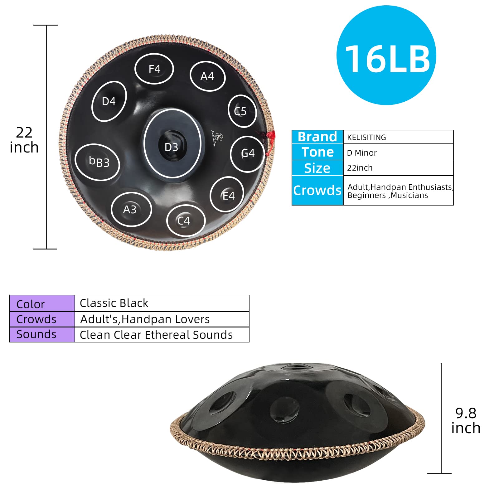 Handpan Drum 22 Inches D Minor Kurd, 432Hz 10 Notes Hand Drum Instrument, Premium Steel Drum, Handpan Instrument for Adults (Gold)