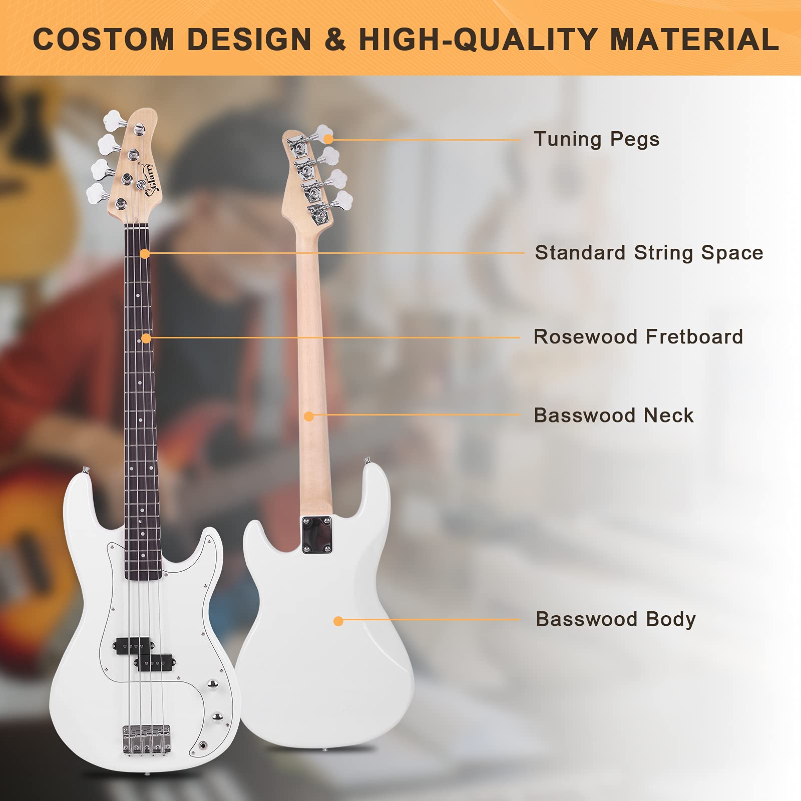 GLARRY Full Size Electric Bass Guitar Beginner Kit 4 String Exquisite Basswood Bass with 20W AMP, Cable, Strap, Bag and Accessories (Black, 39"Right Handed)