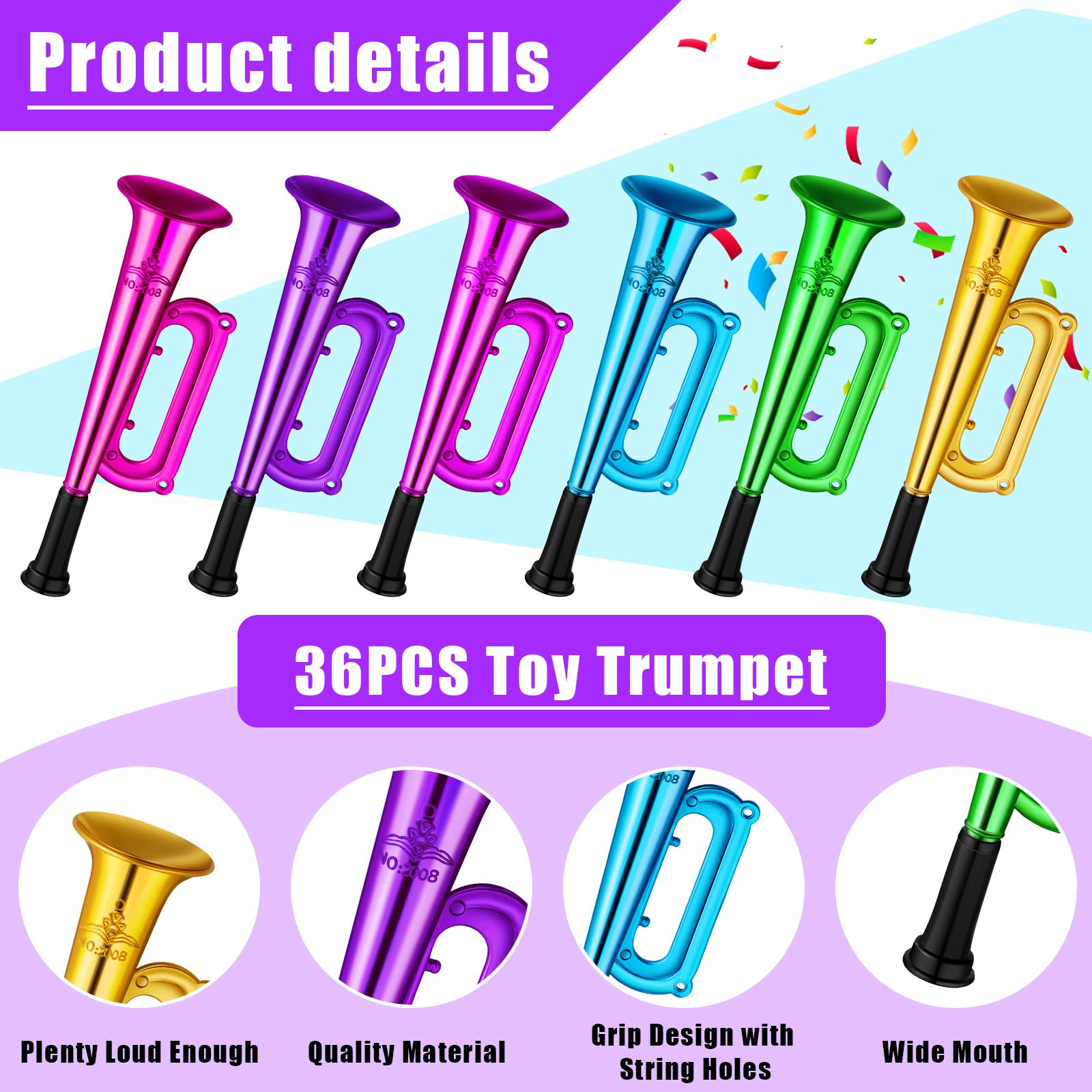 Deekin 36 Pcs 4th of July Plastic Trumpet 6 Inch Patriotic Party Favor Noise Maker Trumpet 250th Anniversary Noise Makers Musical Instruments for 4th of July Soccer Party Favors(Red, Blue, White)