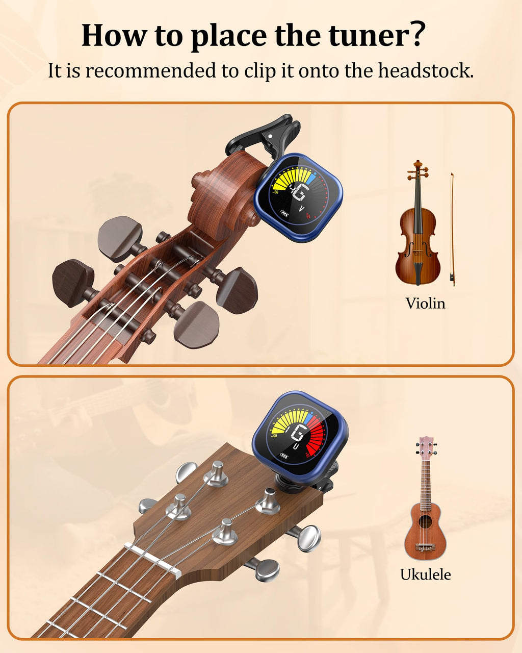 New Bee Guitar Tuner Clip-On Rechargeable with Color Screen 360° Rotatable Acoustic Chromatic Open Tuning for Guitar, Bass, Ukulele, Violin, Cello(Black, 1 Pack)