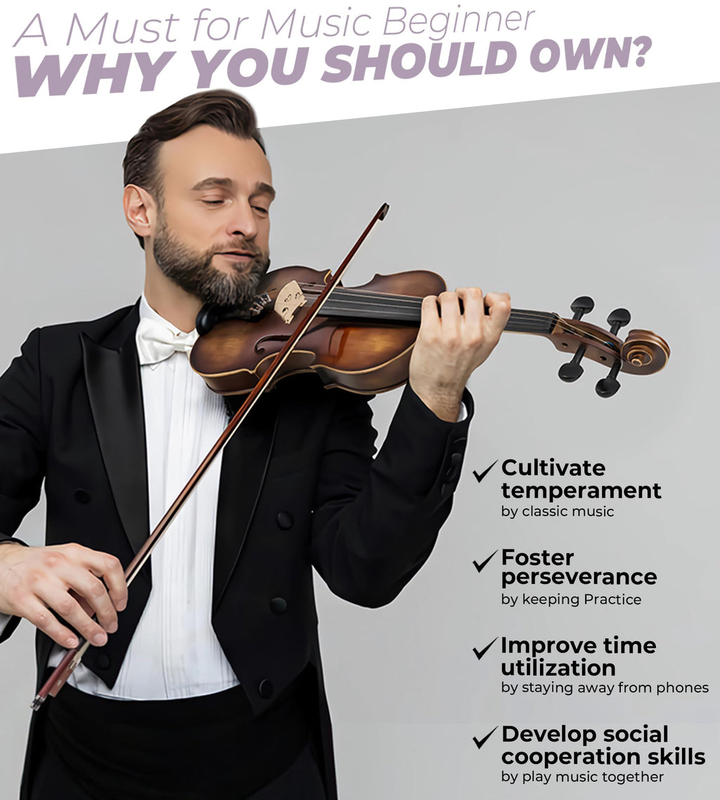 Vangoa Violin 4/4 Full Size Set, Varnish Fiddle Solid Wood for Professional Adults Senior Intermediate Beginners Student Starter Acoustic Violins Kit Outfit with Ebony Fitted, Hard Case, Right Handed
