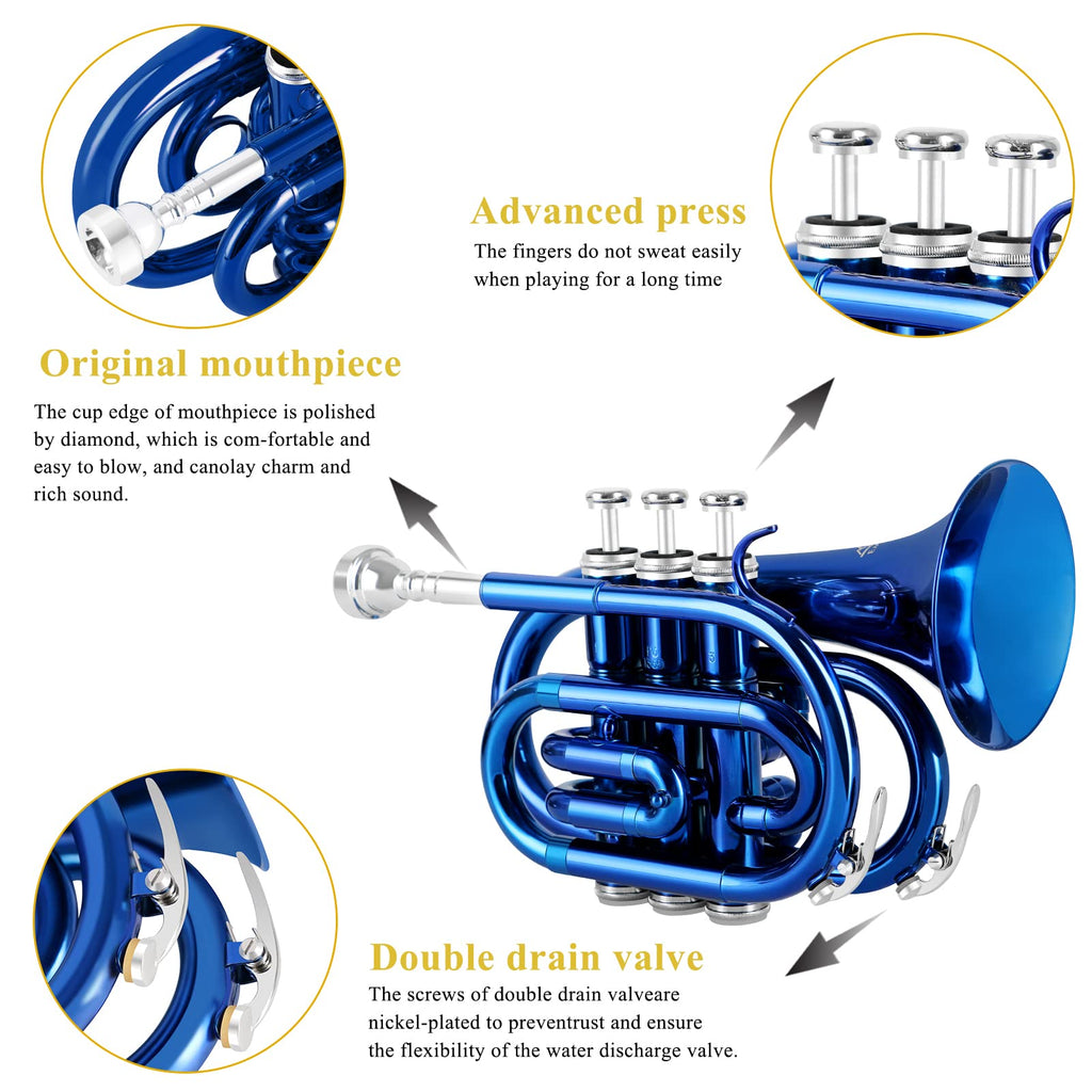 EastRock Pocket Trumpet Brass Bb Nickel Plated Trumpet with 7 C Mouthpiece, Hard Case, Strap, White Gloves, Cleaning Kit for Students and Beginners