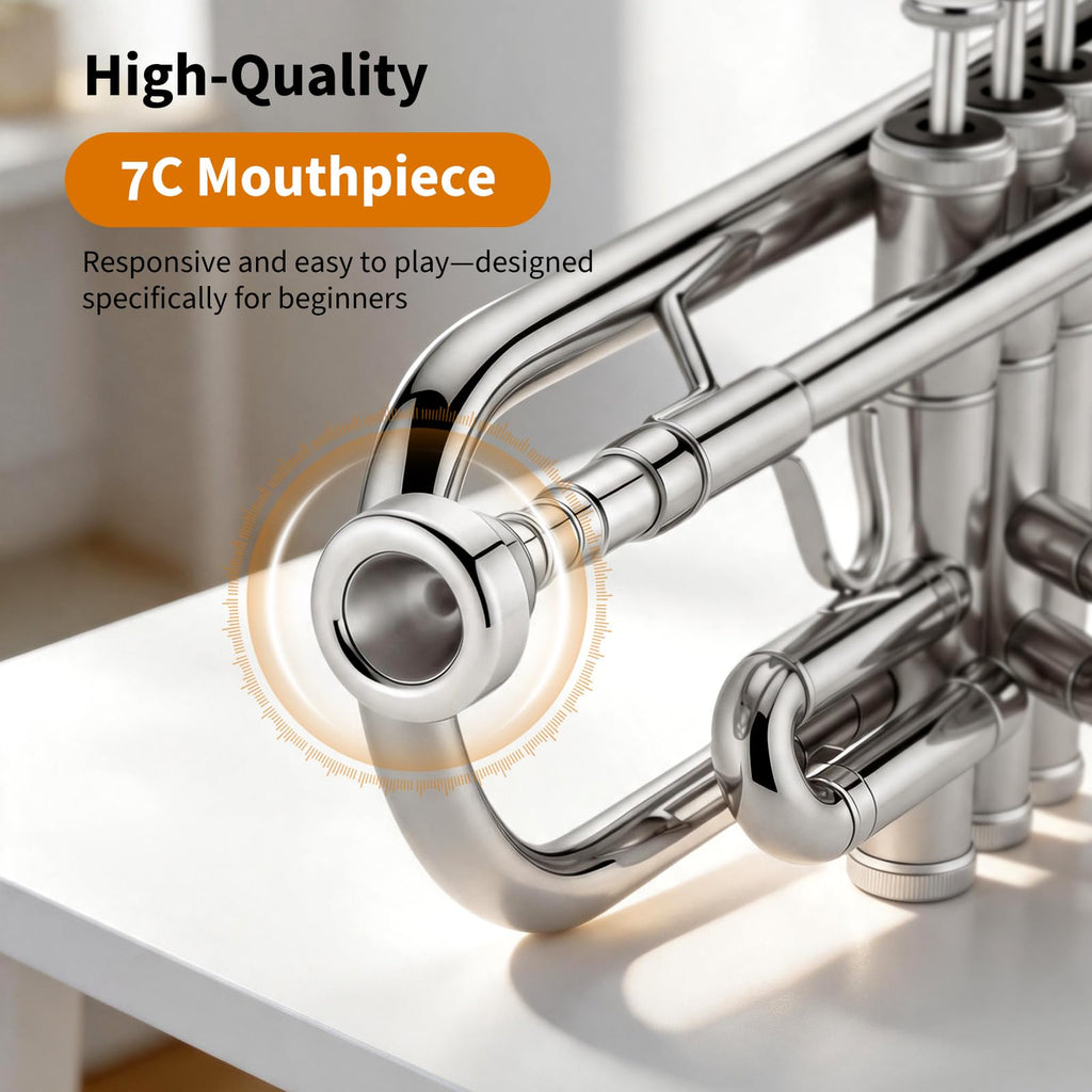 JAMELO Bb Standard Trumpet Set, Brass Trumpet Instrument for Student/Beginner with Carrying Case, 7C Mouthpiece, Cleaning Cloth and Gloves (TP-100, Gold)