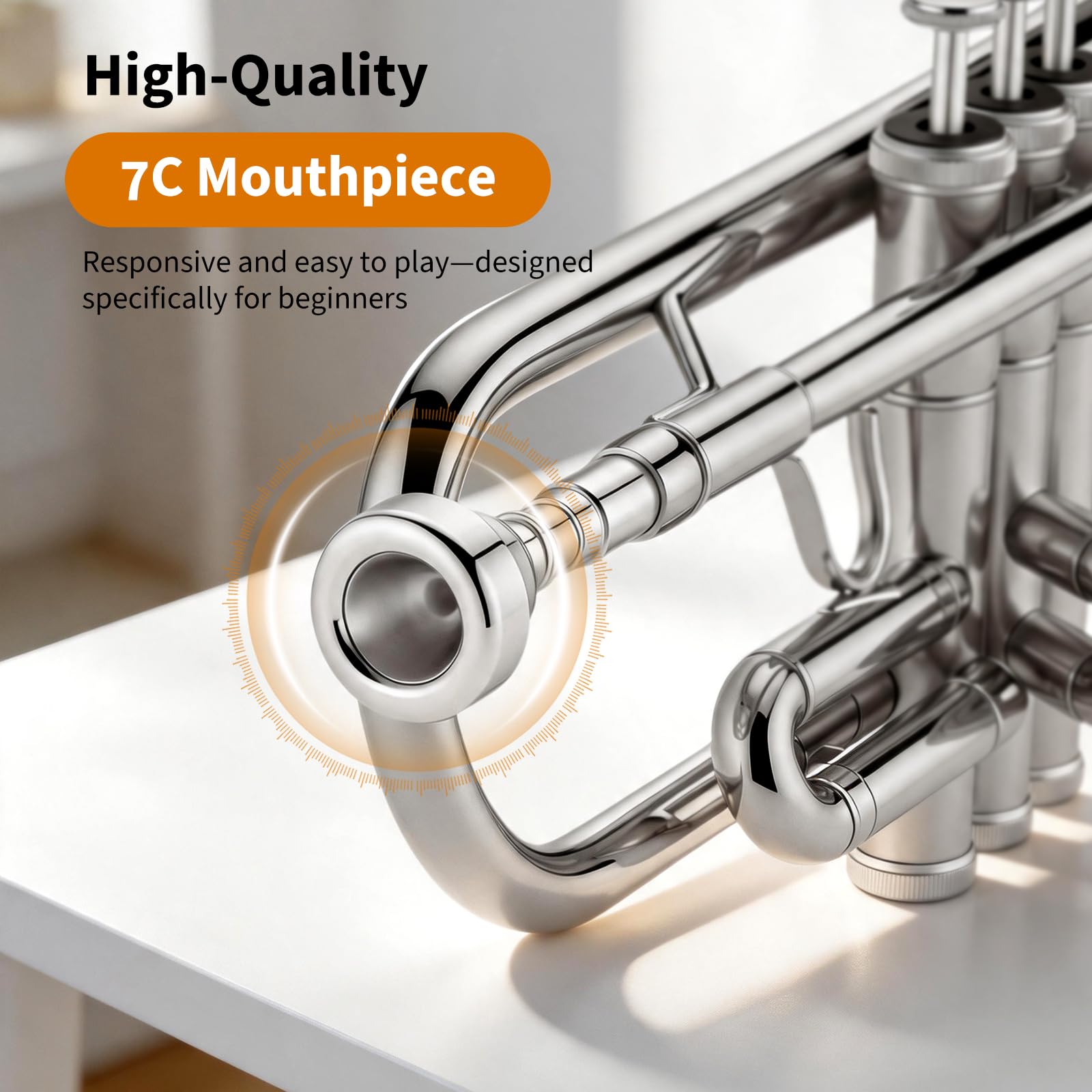JAMELO Bb Standard Trumpet Set, Brass Trumpet Instrument for Student/Beginner with Carrying Case, 7C Mouthpiece, Cleaning Cloth and Gloves (TP-100, Gold)