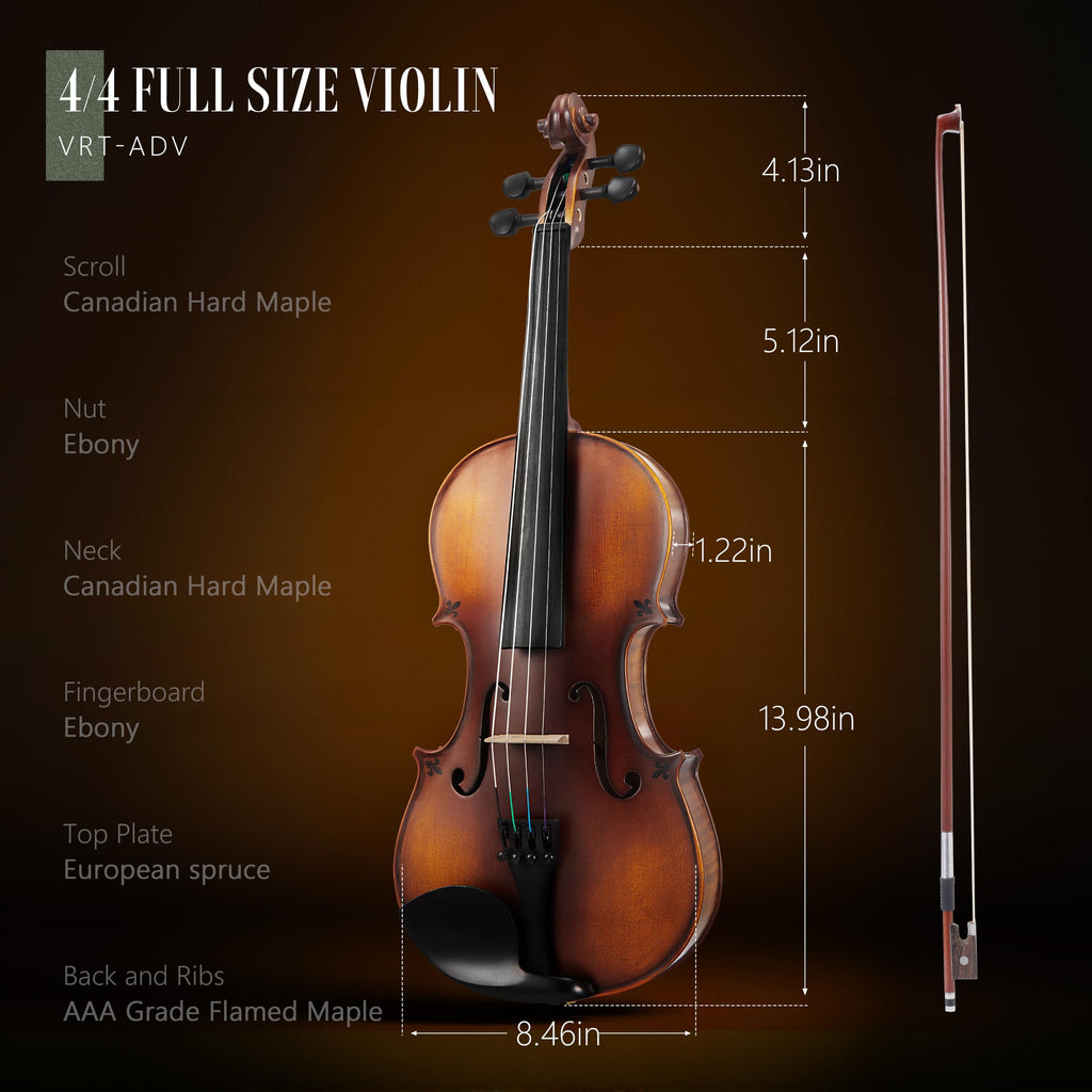 AKLOT Handcrafted Full Size Violin: Solid Wood Matte Fiddle, Acoustic Beginner 4/4 Violin Kit with Hard Case, Lesson Book, Bow, Shoulder Rest, Extra Strings, Tuner, Fretboard Stickers (VRT-AmiCS)