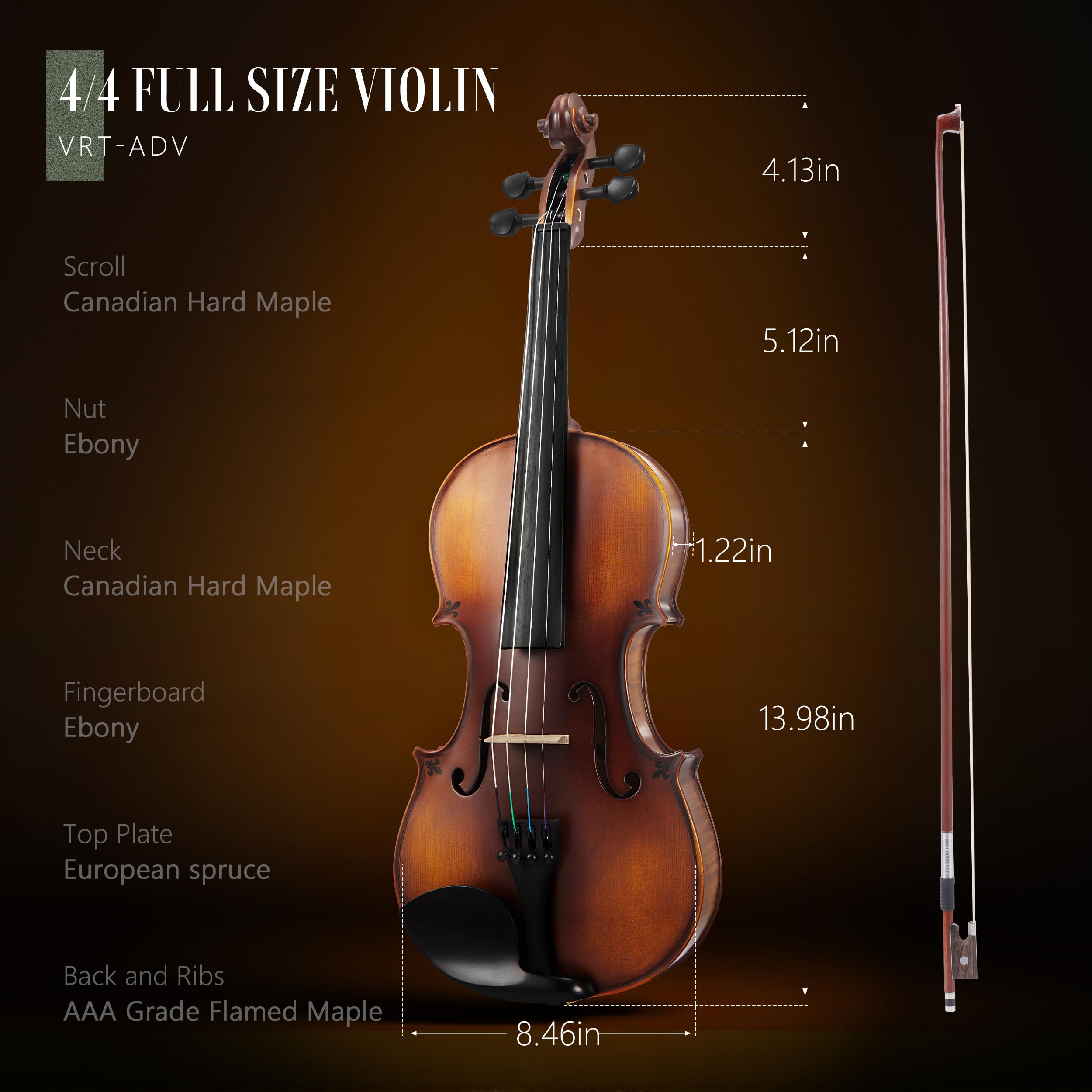AKLOT Handcrafted Full Size Violin: Solid Wood Matte Fiddle, Acoustic Beginner 4/4 Violin Kit with Hard Case, Lesson Book, Bow, Shoulder Rest, Extra Strings, Tuner, Fretboard Stickers (VRT-AmiCS)