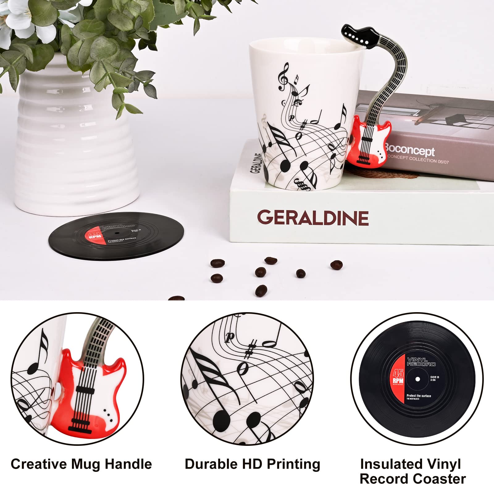 Maustic Novelty Violin Mug - 13 Oz Ceramic with Vinyl Record Coaster, Perfect for Music Lovers, Musicians, and Violinists - Ideal for Christmas or Birthday Gifts
