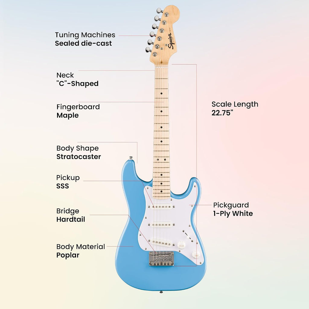Fender Squier Mini Stratocaster Electric Guitar - California Blue Bundle with Amplifier, Instrument Cable, Tuner, Strap, Picks, and Austin Bazaar Instructional DVD