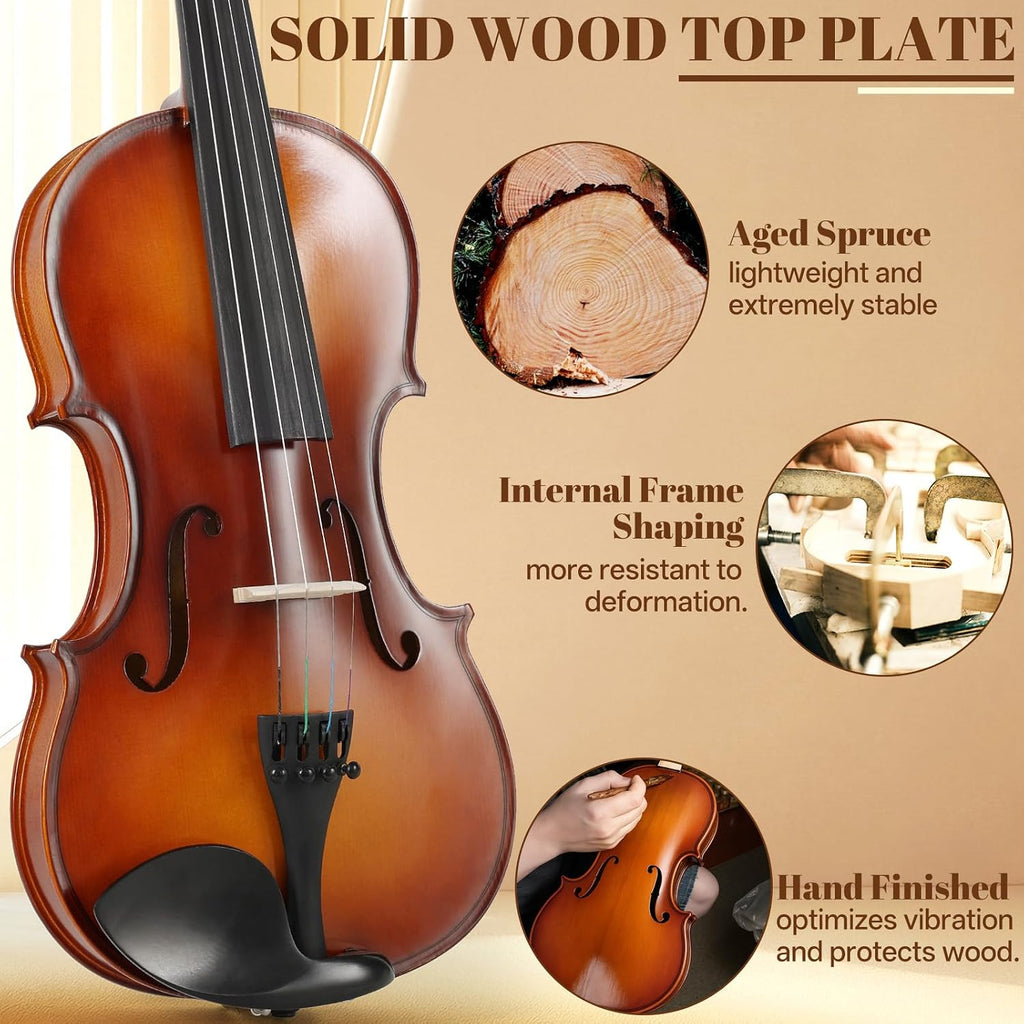 Kmise Violin 4/4 Full Set, High Density Ebony Violins, Glossy Acoustic Fiddle for Adults, Beginners, Students with Violin Case, Rosin, Strings, Bow, Shoulder Rest, Beginner's Guide (Ebony, 4/4)