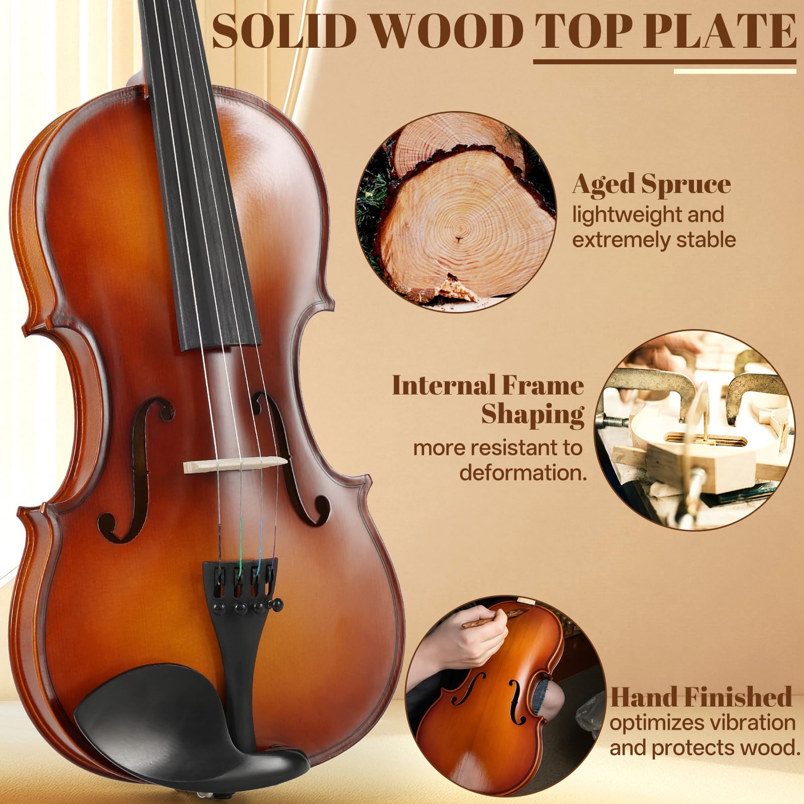 Kmise Violin 4/4 Full Set, Fingerboard Fret Markings Violins, Matte Acoustic Fiddle for Adults, Beginners, Students with Violin Case, Rosin, Strings, Bow, Shoulder Rest, Beginner's Guide (Matte, 4/4)