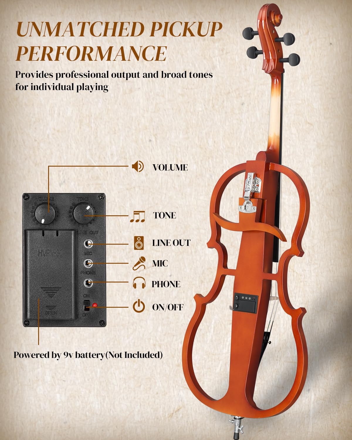 Ktaxon 4/4 Full Size Electric Cello with Classic Scroll, Premium Fingerboard & Unmatched Pickup,Includes 7mm Padding Bag, Bow, Rosin & Headphones, Electric Cello for Beginners Adults (Natural)