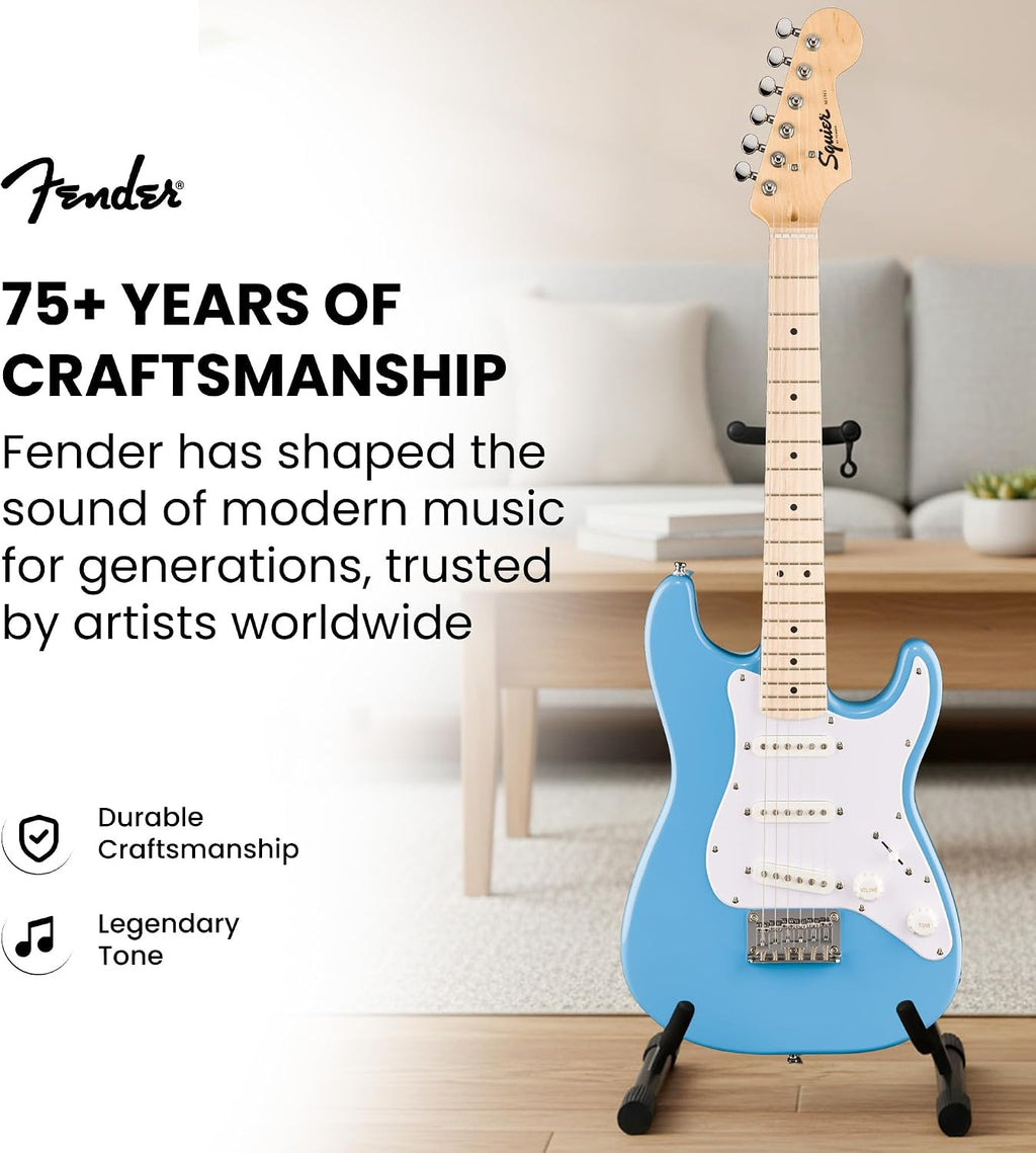 Fender Squier Mini Stratocaster Electric Guitar - California Blue Bundle with Amplifier, Instrument Cable, Tuner, Strap, Picks, and Austin Bazaar Instructional DVD