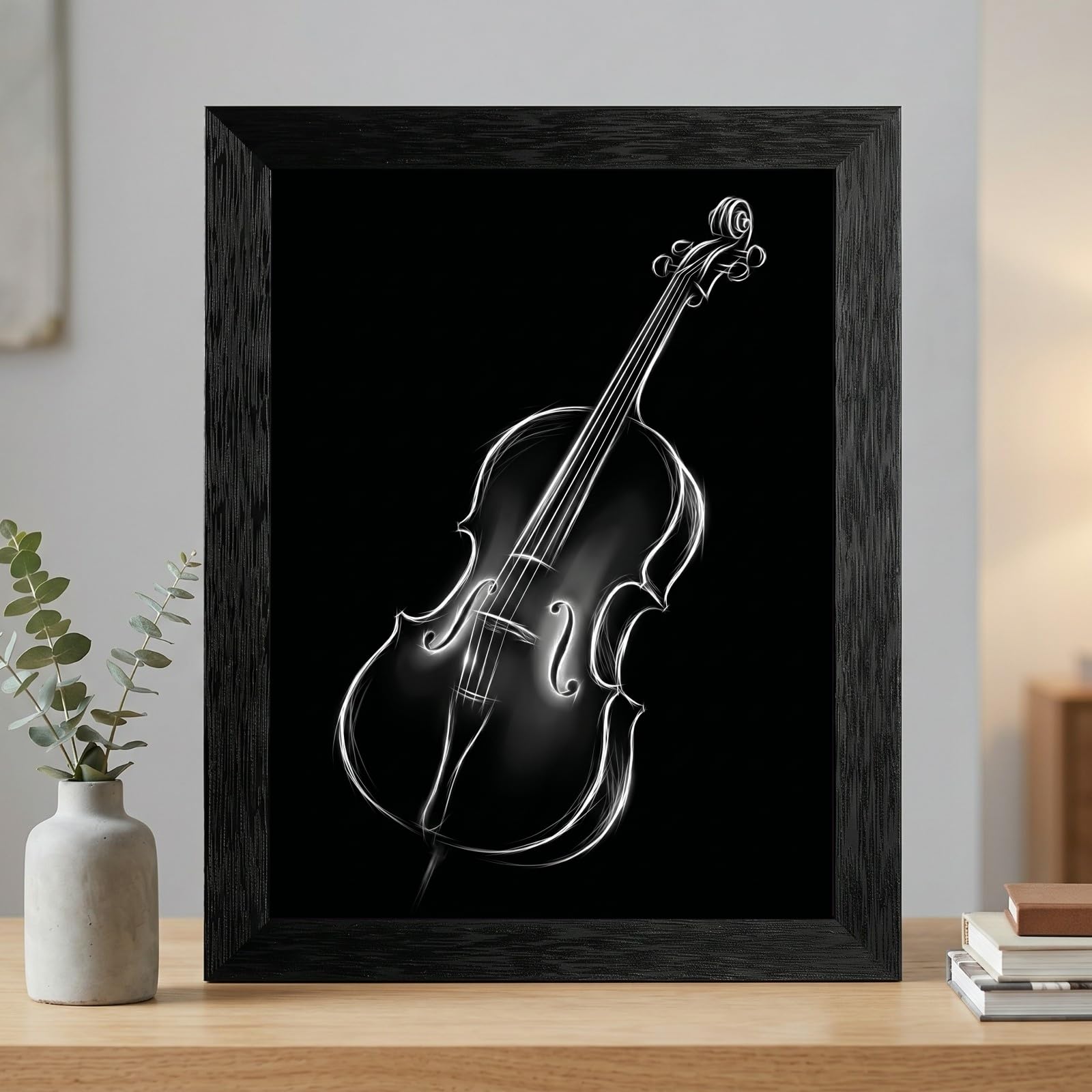 Framed Canvas Wall Art Minimalist Abstract Cello Musical Instrument Electric White Glowing Lines on Black Canvas Print Poster Black Frame Wall Decor for Music Room Studio Modern Art, Inch 24x36