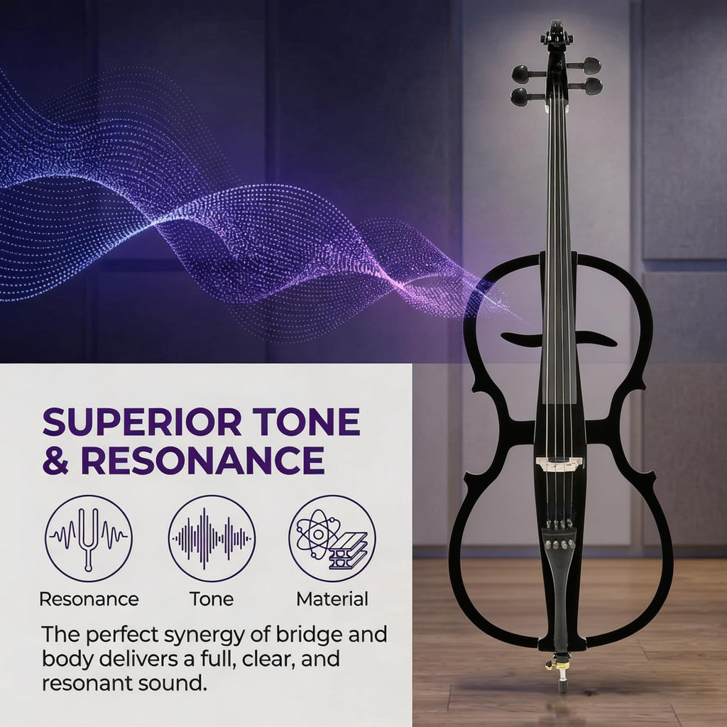 Electric Cello 4/4 Full Size Ebony Fittings with Lightweight Cello Bag, Headphones, Bow, Bridge, Rosin, Cello for Beginners Adults