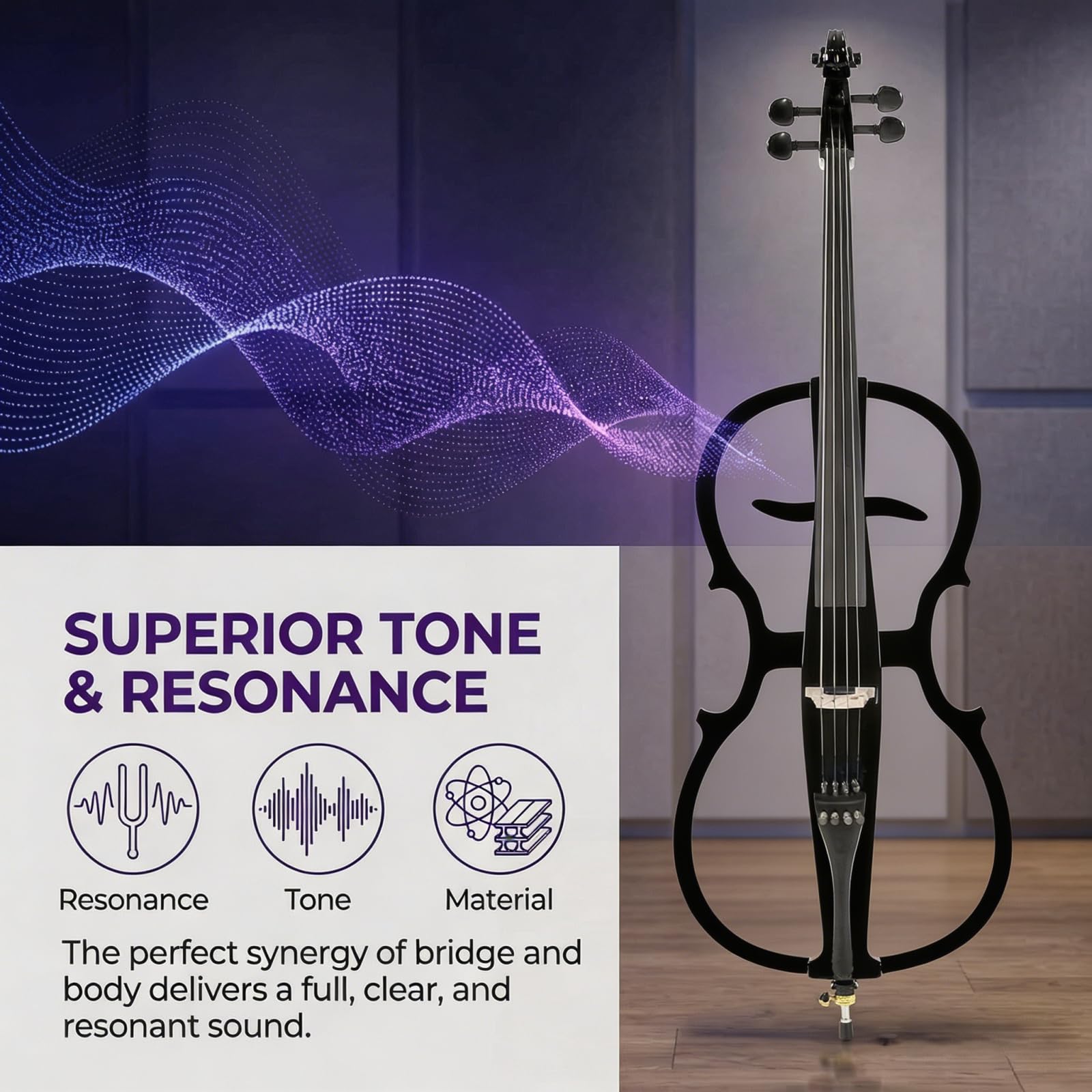 Electric Cello 4/4 Full Size Ebony Fittings with Lightweight Cello Bag, Headphones, Bow, Bridge, Rosin, Cello for Beginners Adults