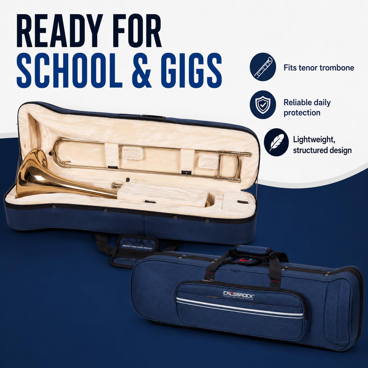 Crossrock Tenor Trombone Flight Case — Fits Bb Tenor with F-Attachment | Shockproof Design, Security Lock, Plush Interior, Single Shoulder Strap & Accessory Compartment (CRA980TBBK)