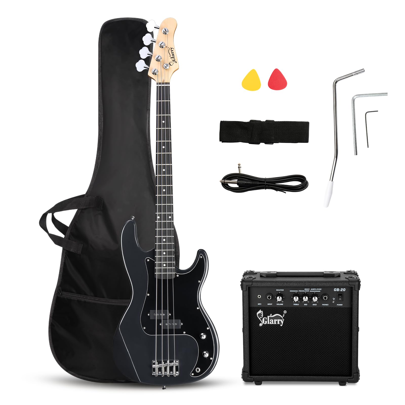 GLARRY Full Size Electric Bass Guitar Beginner Kit 4 String Exquisite Basswood Bass with 20W AMP, Cable, Strap, Bag and Accessories (Black, 39"Right Handed)
