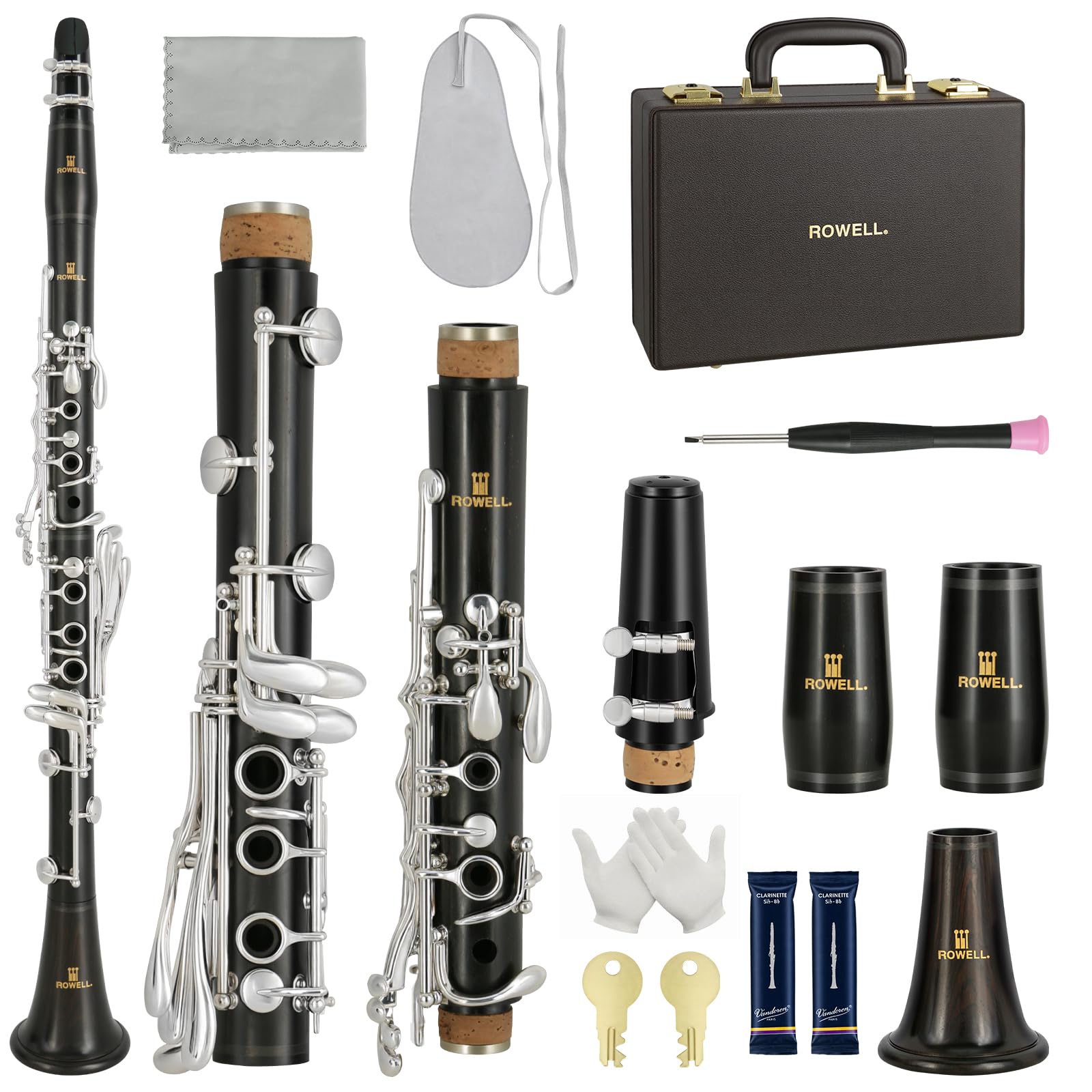 ROWELL 18 Key Bb Clarinet with Eb/Ab Lever & African Blackwood Wood Body Professional Rich Tone for Intermediate Players & Students Includes Case, Mouthpiece, Reeds