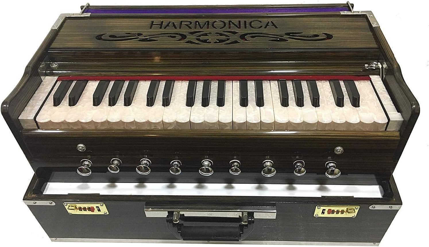 9 Stopper Portable Harmonium Chudidaar Bellow 42 Key 2 Reed Bass Male Backward Coupler Indian Harmonium Professional Harmonium Handmade Musical Instrument Brass