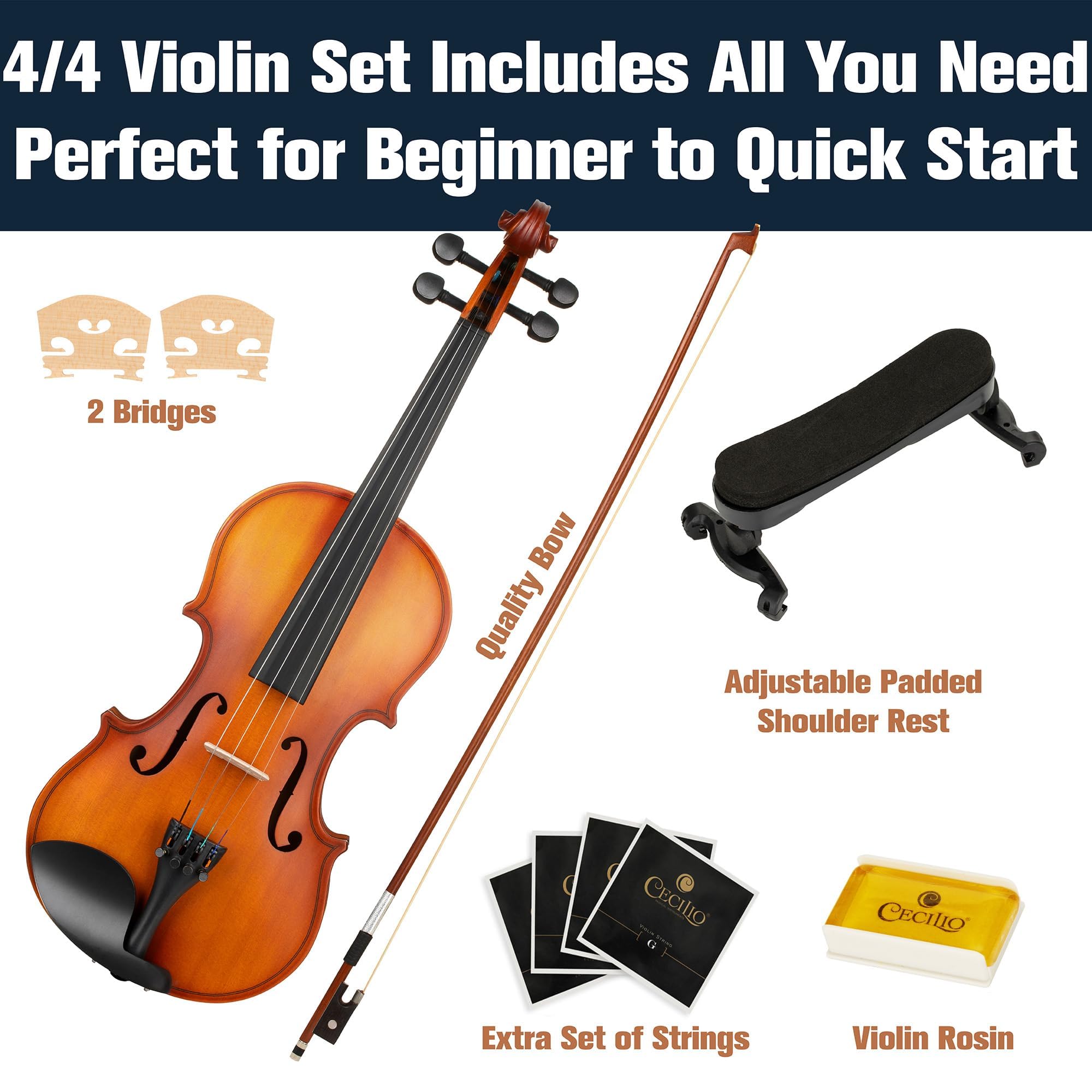 Mendini by Cecilio Violin 4/4 Full Size Kit For Beginners - Hand Carved Acoustic Violins Set - Fiddle Solid Wood Kit with Hard Case, Bow, Rosin, Shoulder Rest, Bridge and Extra Strings (Black)