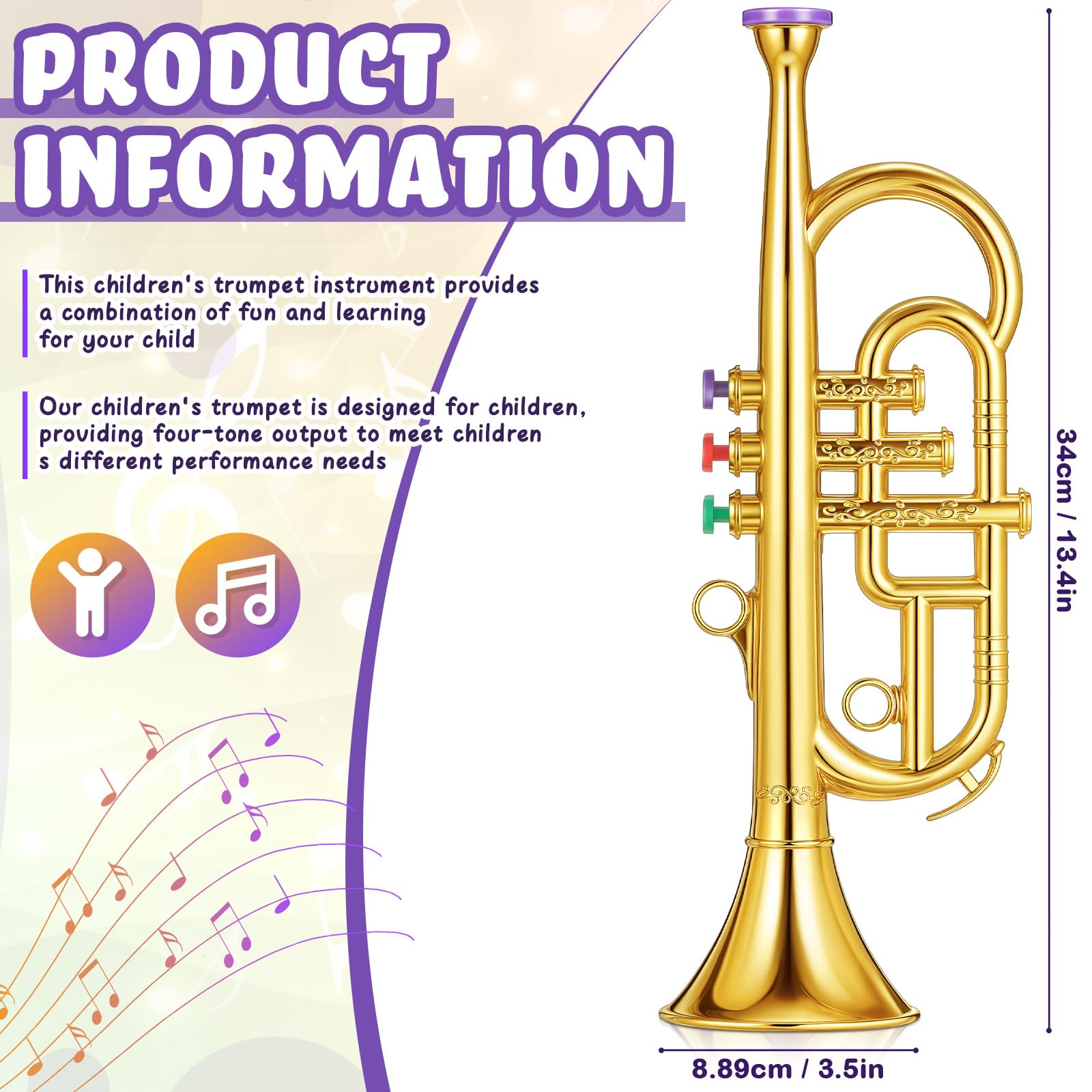 Lewtemi Gold Trumpet Musical Instruments Toy for Kid Toddler Fake Plastic Preschool Music Toy Gift Non-Professional Wind Instrument Early Educational Teaching Songs Gifts for Toddlers Children