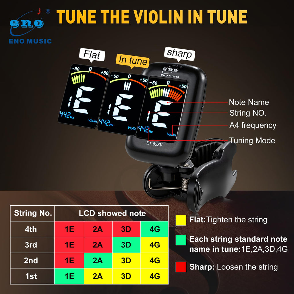 ENO MUSIC Rechargeable Type-C Quick Charge Easy Control Big LCD Display Easy Reading Clip-on Tuner for 4/4 Violin Viola Bass, Red