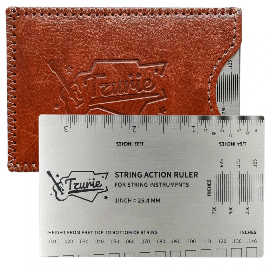 Guitar String Action Gauge, Stainless Steel Pocket Size Tool with Travel Case, for Measuring Guitar String Height Gauge Ruler (Brown)