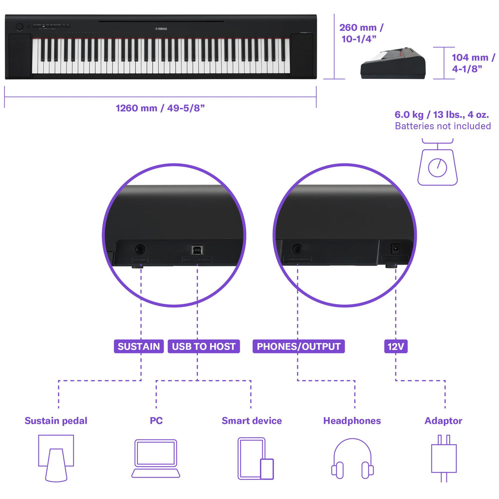 Yamaha Piaggero 61-Key Ultra-Portable Digital Piano, Touch Sensitive Keys, Metronome, Recording Function, Black NP15B