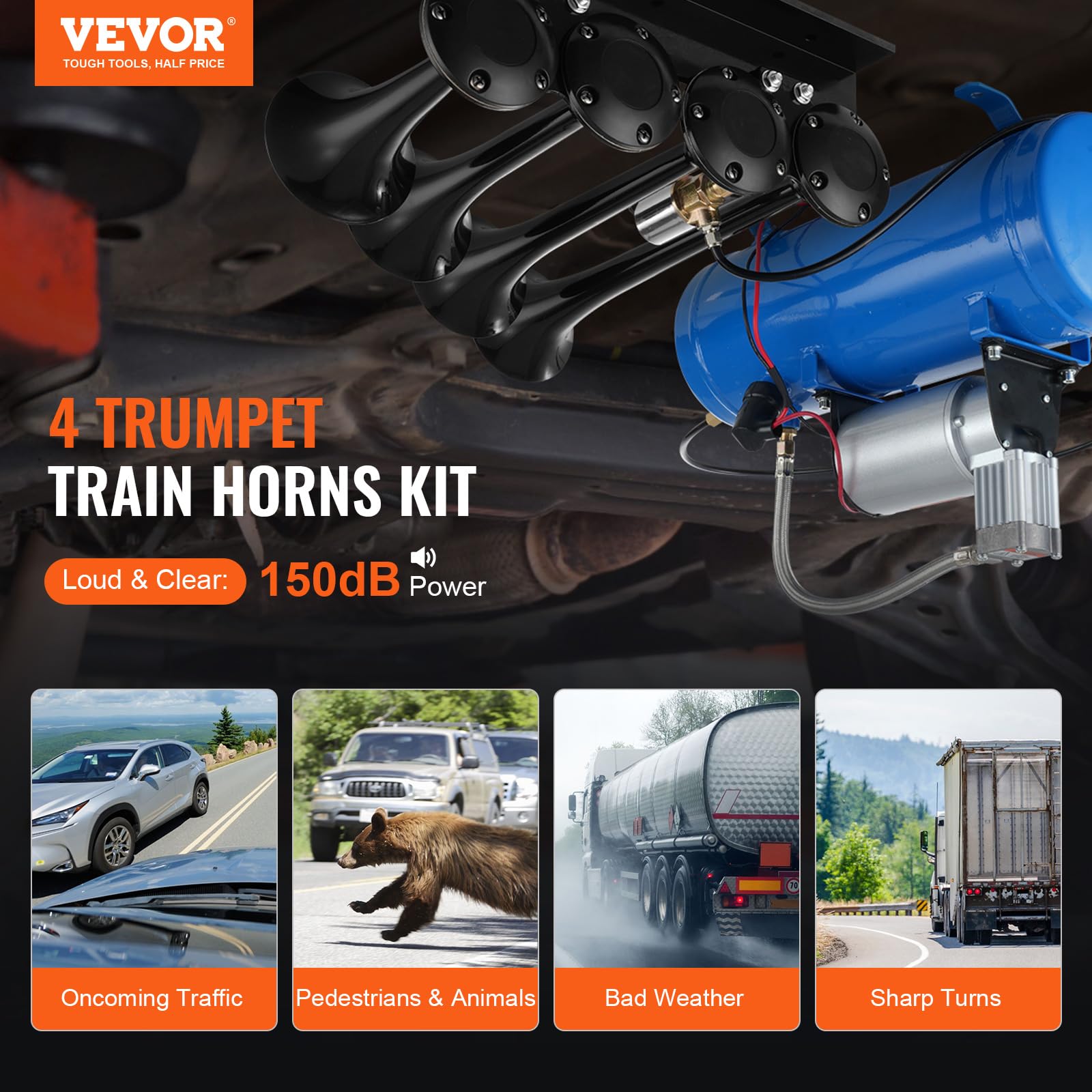 VEVOR 4 Trumpet Air Horn Kit, 150dB Train Horns for Pickup Trucks, 12V 120 psi Air Compressor 0.8 Gal/3 L Tank with Gauge for Any 12V Vehicle Car Truck Train Van Boat