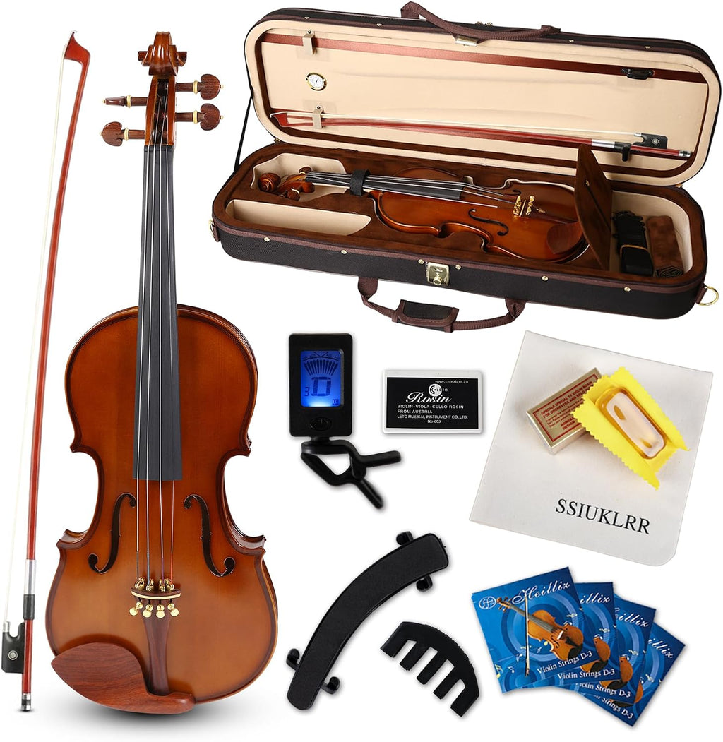 Violin 4/4 Full Size Complete Set for Adults Teenagers Students,Solid Maple Wood Violins with Rosewood Fittings,Case,Spare strings,Bow, Rosin, Shoulder Rest,Professional Violin for 11+years Gift