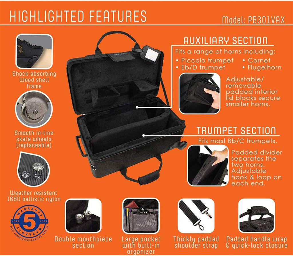 Protec Trumpet/Auxiliary Combo PRO PAC Case with Wheels, Model PB301VAX