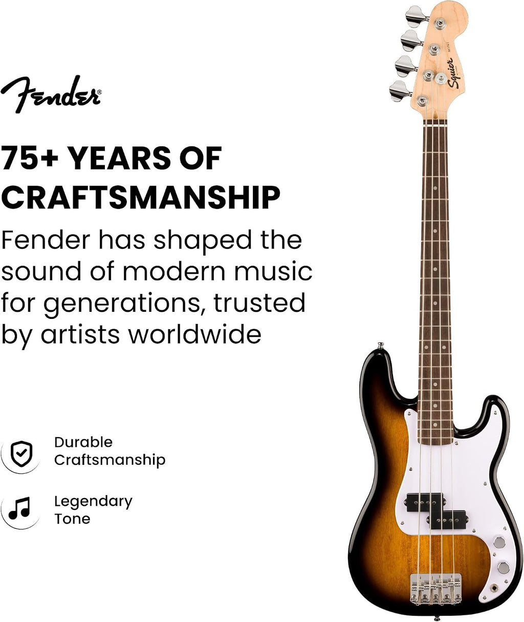 Fender Squier Mini Precision Bass Electric Guitar - 2-Color Sunburst Bundle with Instrument Cable, Tuner, Strap, Picks and Austin Bazaar Instructional DVD