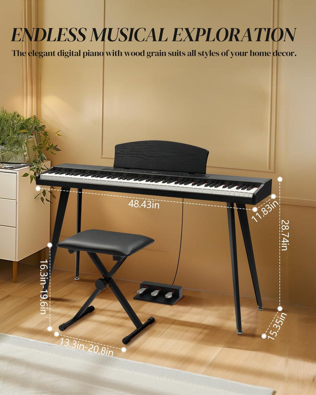 Ktaxon 88 Key Keyboard Piano Set, Full Size Digital Piano with Multi-Adjustable Height Bench, Powerful Functional Panel, Professional 3 Pedal Unit and Dual Mode Connectivity for Beginner(Black)