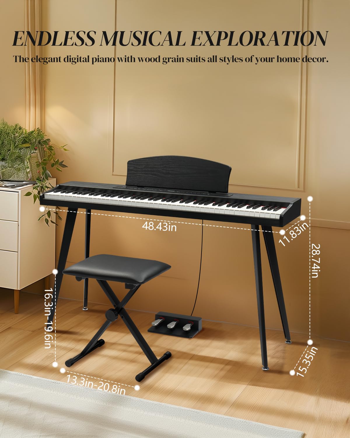 Ktaxon 88 Key Keyboard Piano Set, Full Size Digital Piano with Multi-Adjustable Height Bench, Powerful Functional Panel, Professional 3 Pedal Unit and Dual Mode Connectivity for Beginner(Black)