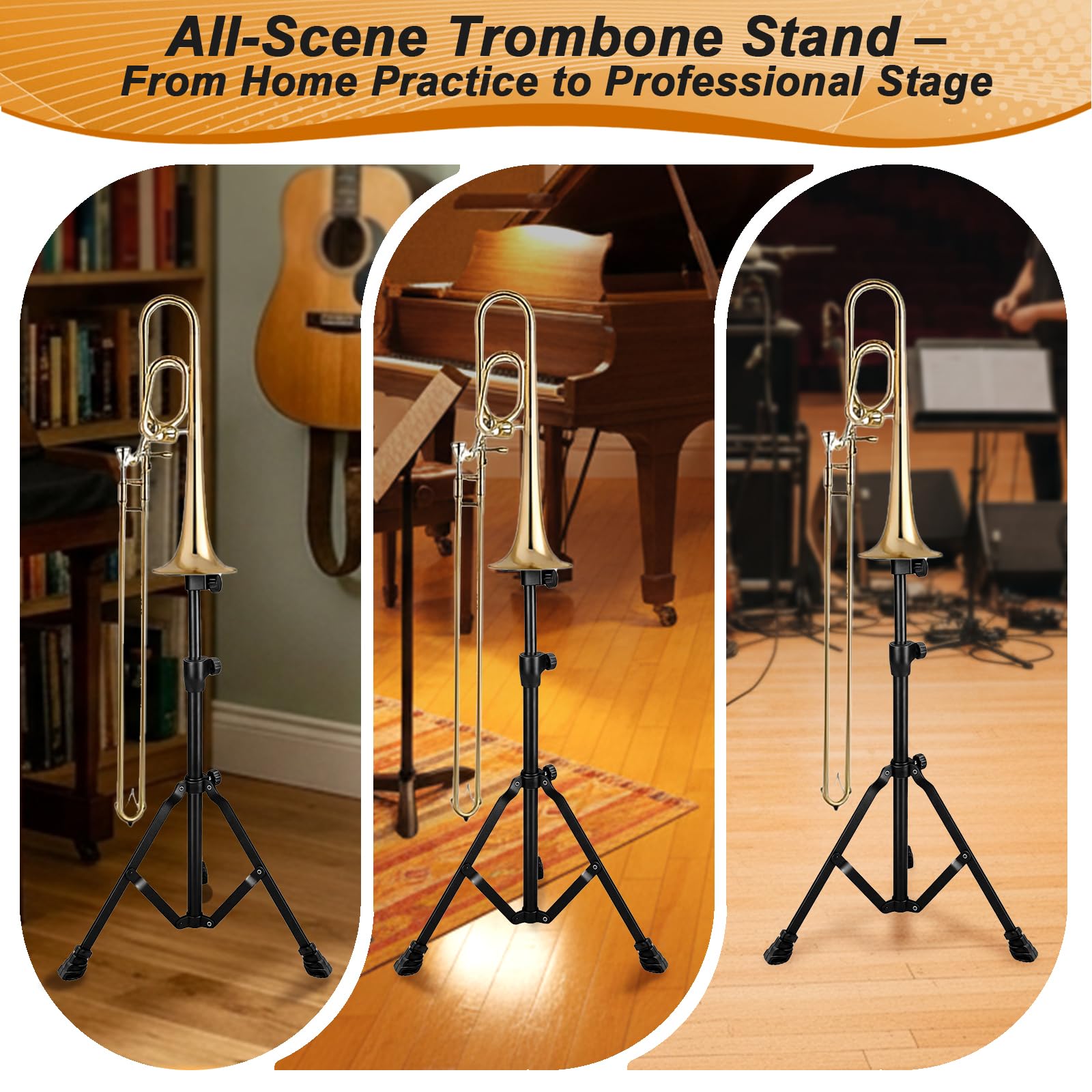 Ngdiluxury Trombone Stand, Adjustable Heavy Duty Matte Black Metal Trombone Holder with Foldable Tripod Base, Soft Rubber Bell Support & Anti-Slip Feet, Height Adjustable for All Trombone Sizes