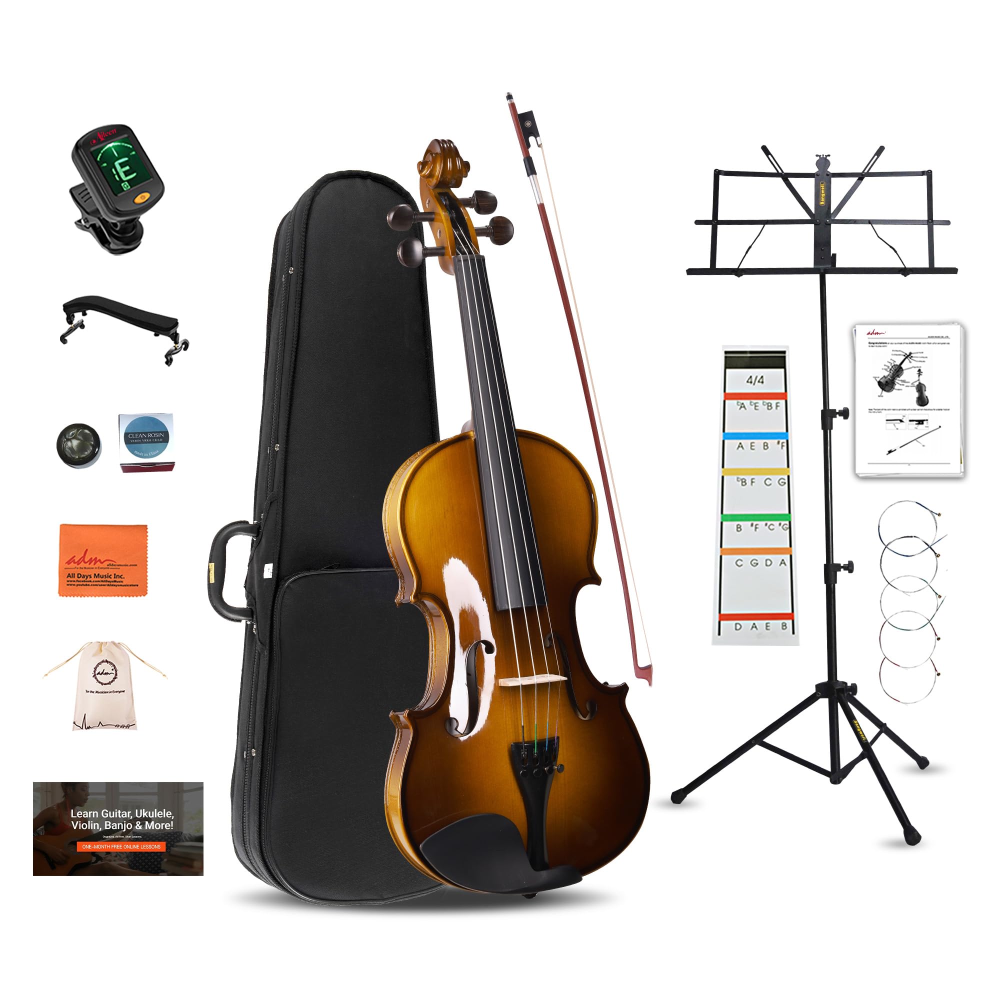 ADM Acoustic Violin for Beginner 4/4 Full Size Violin Set Solid Wood Ebony for Adult Teen Student Starter Kit with Hard Case, Shoulder Rest, Bow, Music Stand, Strings, Free Lessons (Sepia, 4/4 Size)