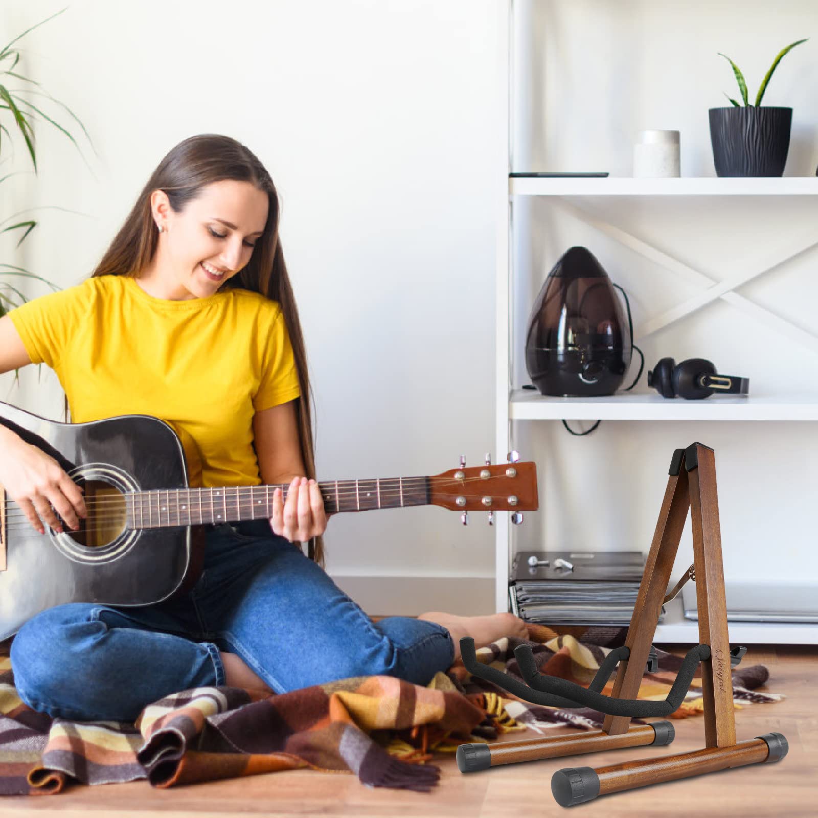 SNIGJAT Wood Guitar Stand, Acoustic Guitar Stand with Padded Foam, Classical Electric Guitar Stand, A-Frame Folding Bass Guitar Display Stand Compatible with Cello, Mandolin, Bass, Banjo, Ukulele