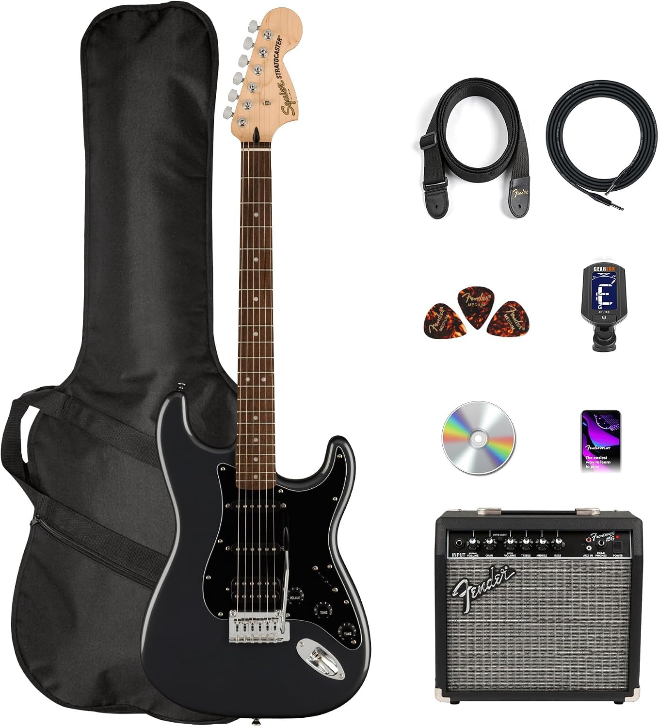 Fender Squier Affinity Stratocaster HSS Pack - Charcoal Frost Metallic Bundle with Frontman 10G Amplifier, Cable, Gig Bag, Tuner, Strap, Picks, and Austin Bazaar Instructional DVD
