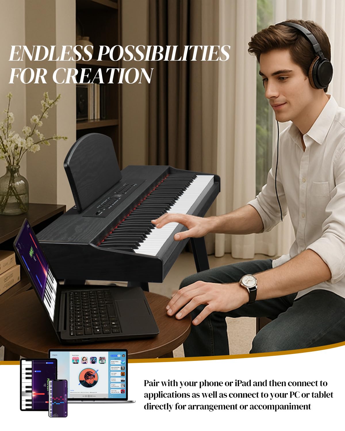 Ktaxon 88 Key Semi Weighted Keyboard with 64 Polyphony, 128 Rhythms, 128 GM Tones & 3 Pedal Unit, Piano Keyboard with Adjustable Bench, Multi-External Interfaces, Bluetooth MIDI for Beginners(Natural)