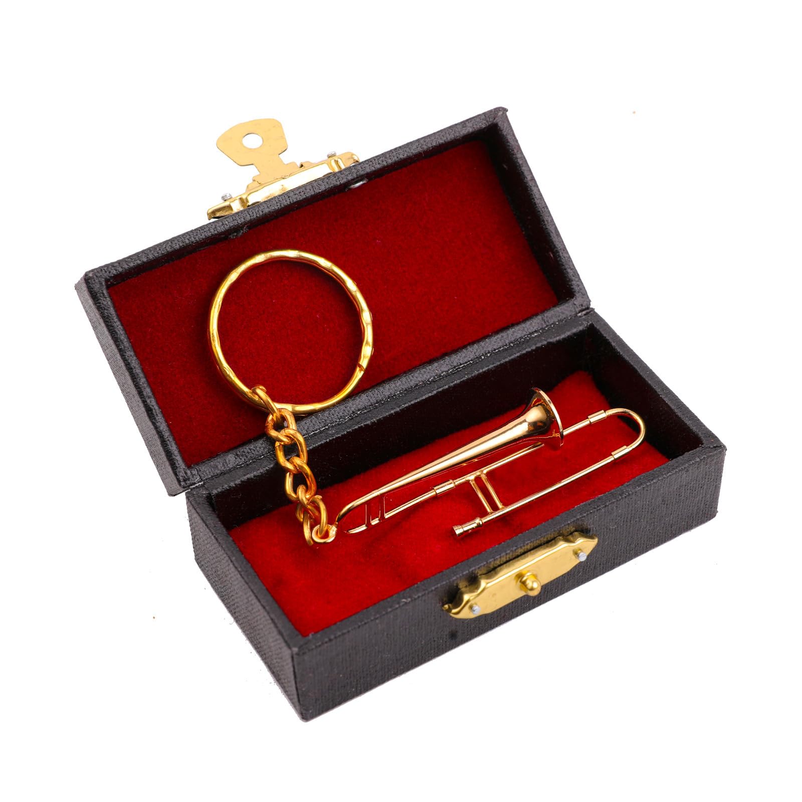 Miniature Musical Instrument Keychain with Case Brass Mini Collectible Figurines Replica Key Ring Birthday Gifts