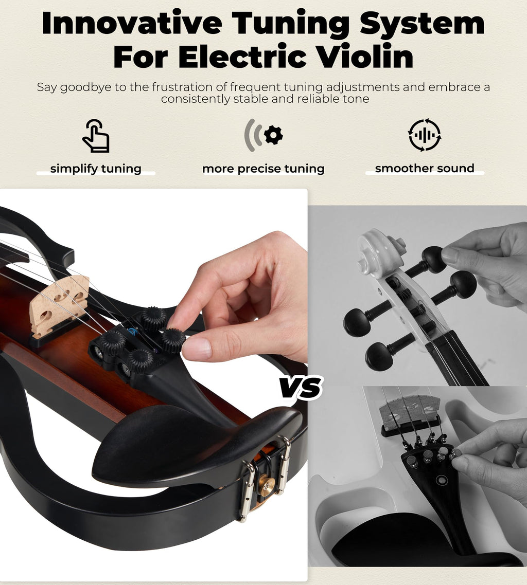Vangoa Electric Violin 4/4 Full Size, Solid Wood Ebony Silent Violin with Professional Pickup & 3-Band EQ, Headless Lightweight Design, Beginner to Professional Electric Violin Kit, Brown