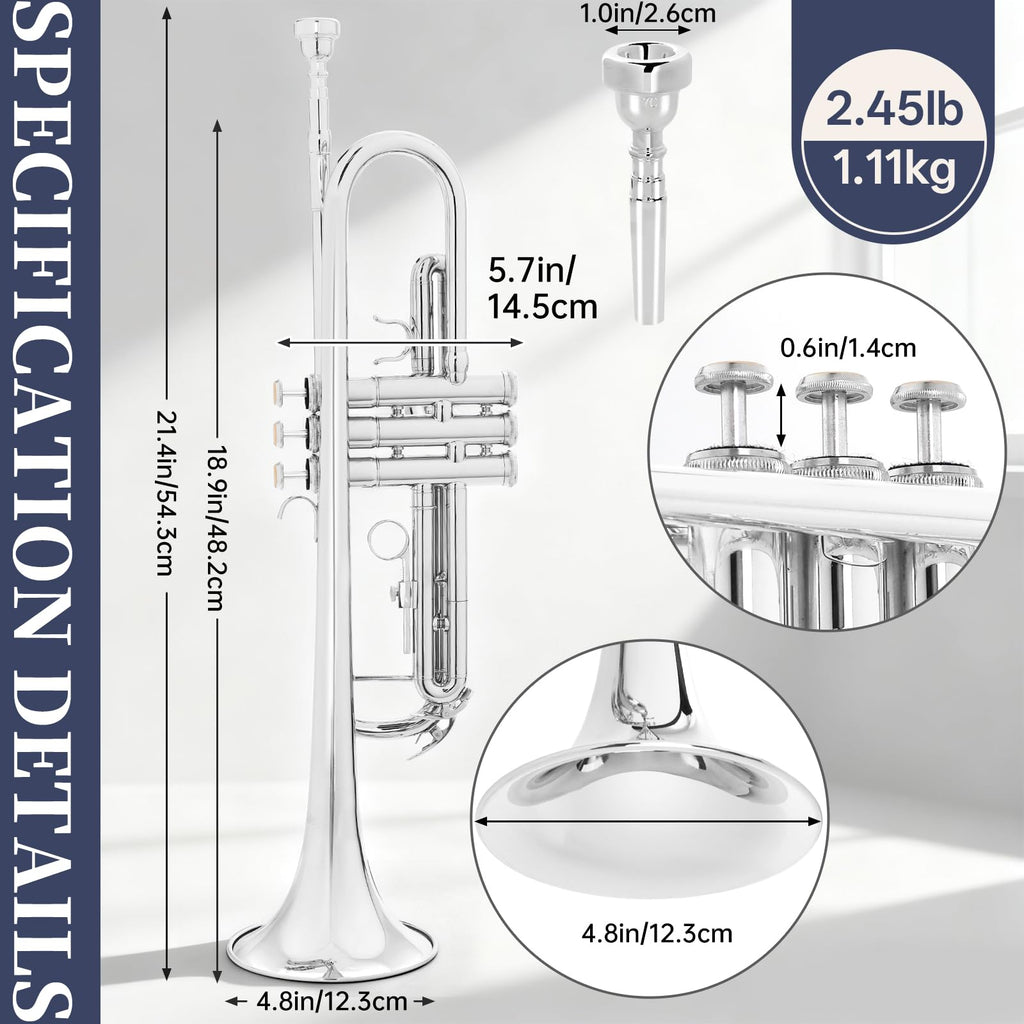 Kmise Bb Standard Trumpet, Premium Brass Trumpets for Student Beginner, Trumpet Instrument Set with Upgraded Case, 7C Mouthpiece, Mute, Beginner's Guide Kit, Cleaning Kit (Gold)