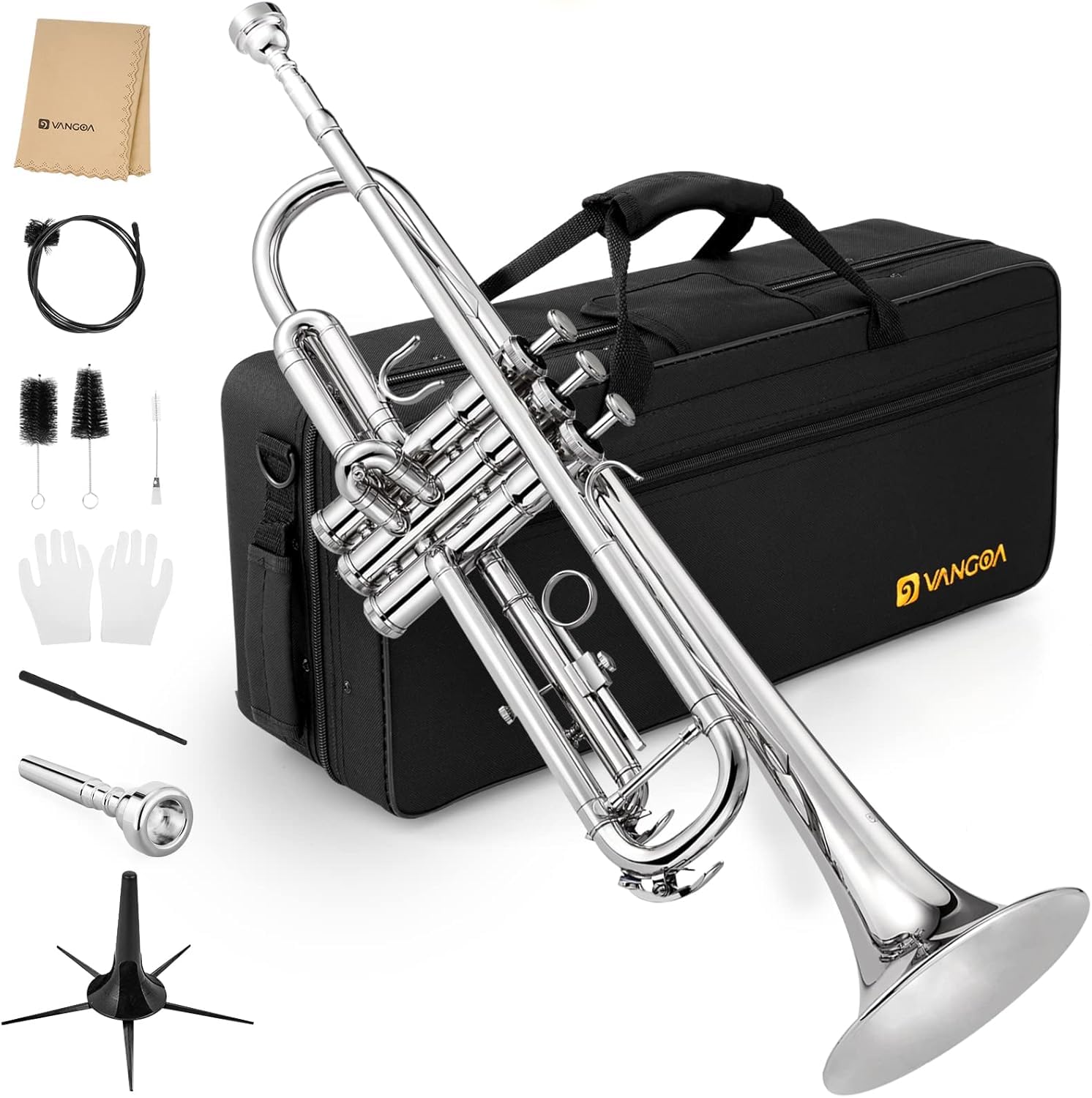 Vangoa Bb Trumpet Brass Standard Black Trumpet Instrument for Student School Band Orchestra Adult Kid Beginner with Hard Case, Stand, Cleaning Kit, White Gloves, Valve Oil and 7C Mouthpiece