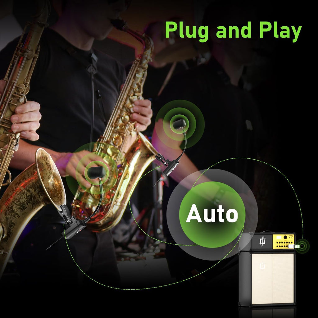 Dual UHF Saxophone Wireless Sax Microphone Instrument UHF Condenser Pick Up Clip-on Mic 1 Receiver and 2 Transmitter System for Saxophone French Horn Trumpet Trumbone,Q2/ST-5