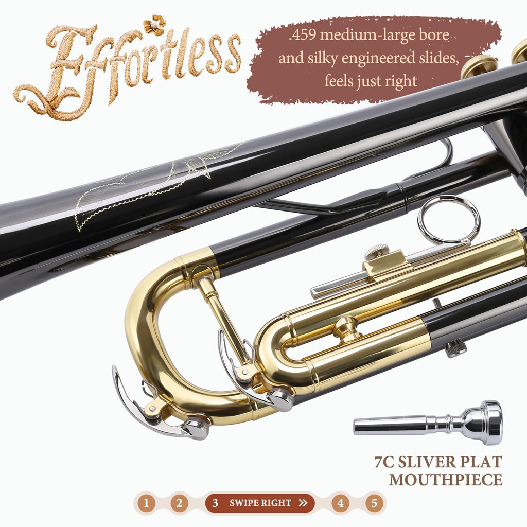 ALLSET Bb Standard Trumpet for Beginners | Student Band, Orchestra, Pro Level Performance | Professional Brass Trumpet Kit with Hard Case, 7C Mouthpiece& Cleaning Kit | Gold