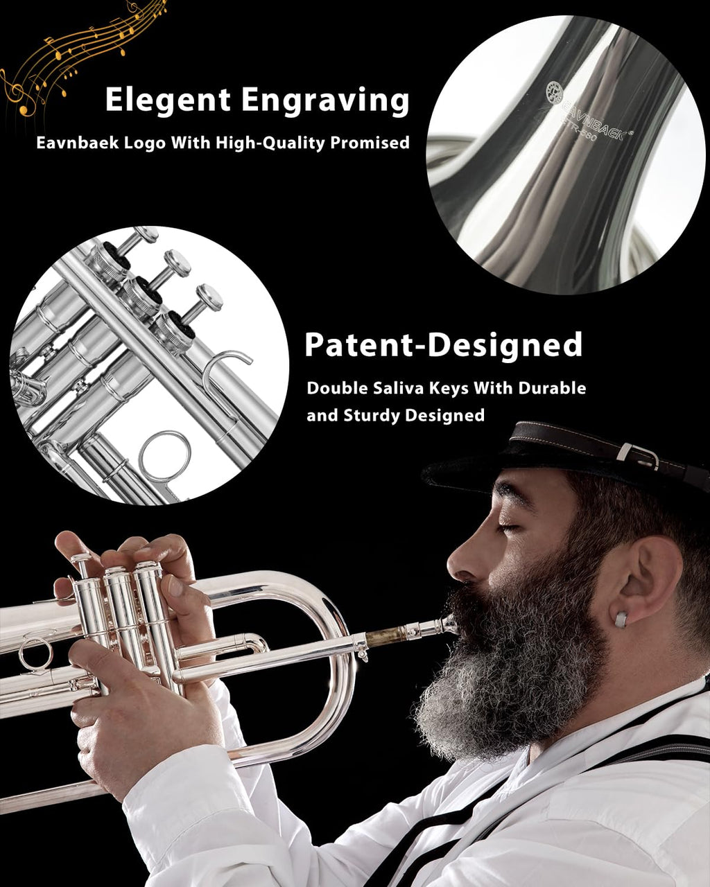 Eavnbaek Bb Standard Trumpet Set for Beginner or Advanced Student, Brass Student Trumpet Instrument with Hard Case, Cleaning Kit, 7C Mouthpiece and Gloves (Gold)
