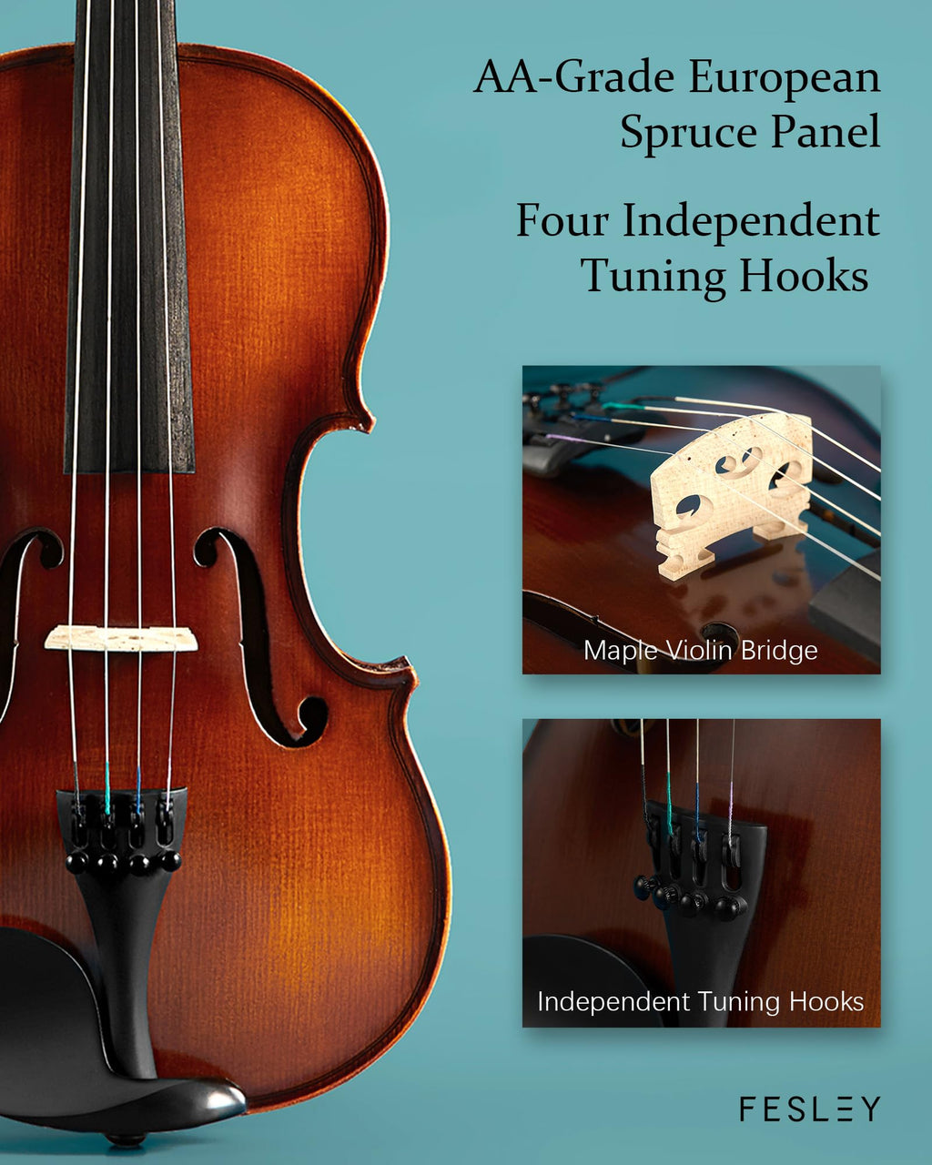 Fesley 4/4 Beginner Violin Kit for Adults & Teens, Full Size Acoustic Violin Set with Hard Case, Bow, Shoulder Rest, Digital Tuner & Extra Strings, Handmade Solid Wood Student Violin