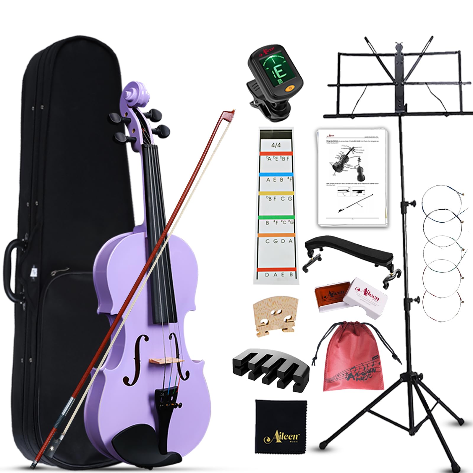 Aileen Violin 4/4 Full Size for Adults Beginners, Black Fiddle Starter Kit for Students Age 12+, including Music Stand, Unique New Fingerboard Sticker, Mute