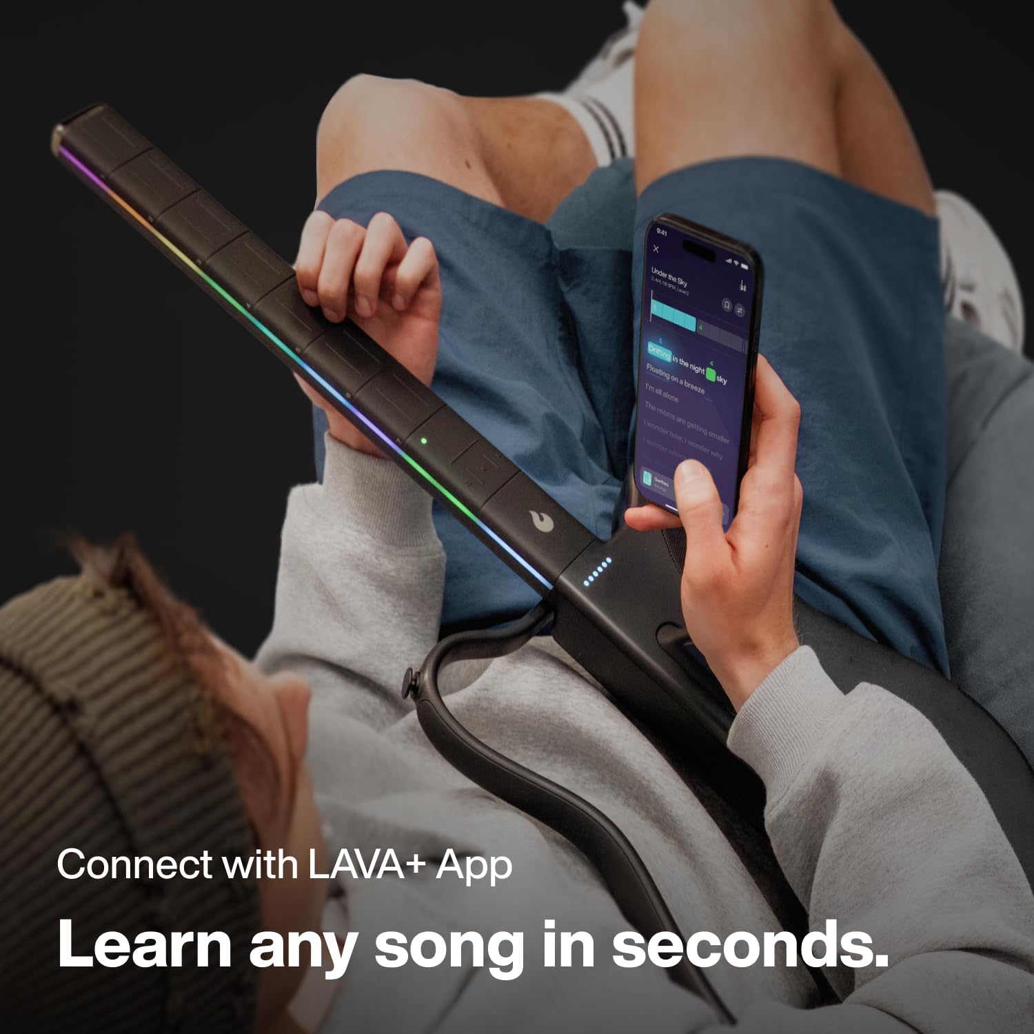 LAVA GENIE Stringless Smart Guitar, No Strings Attached, Hundreds of Instrument Presets, Onboard Speaker, Foldable, Detachable, White, 30.5 inch.